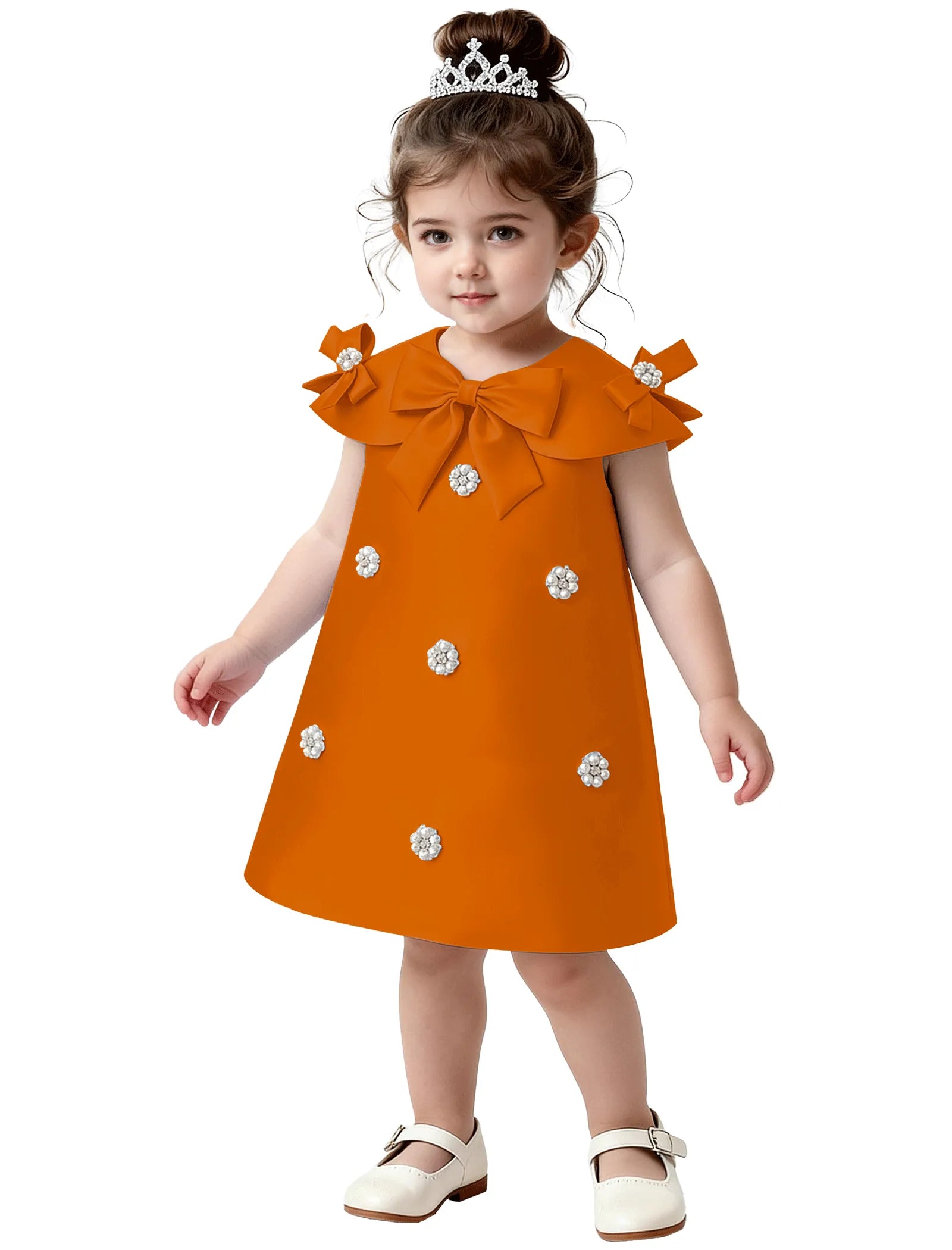 Toddler Satin Bow Dress with Pearl Flower Embellishments