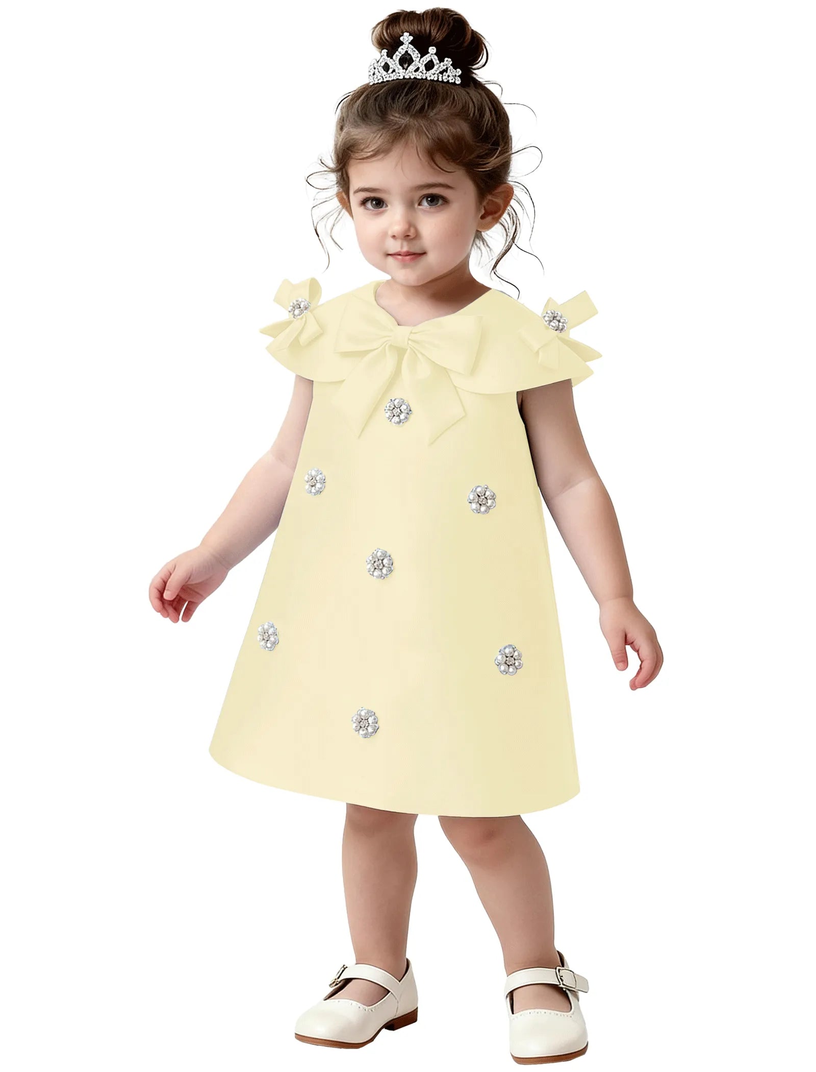 Toddler Satin Bow Dress with Pearl Flower Embellishments