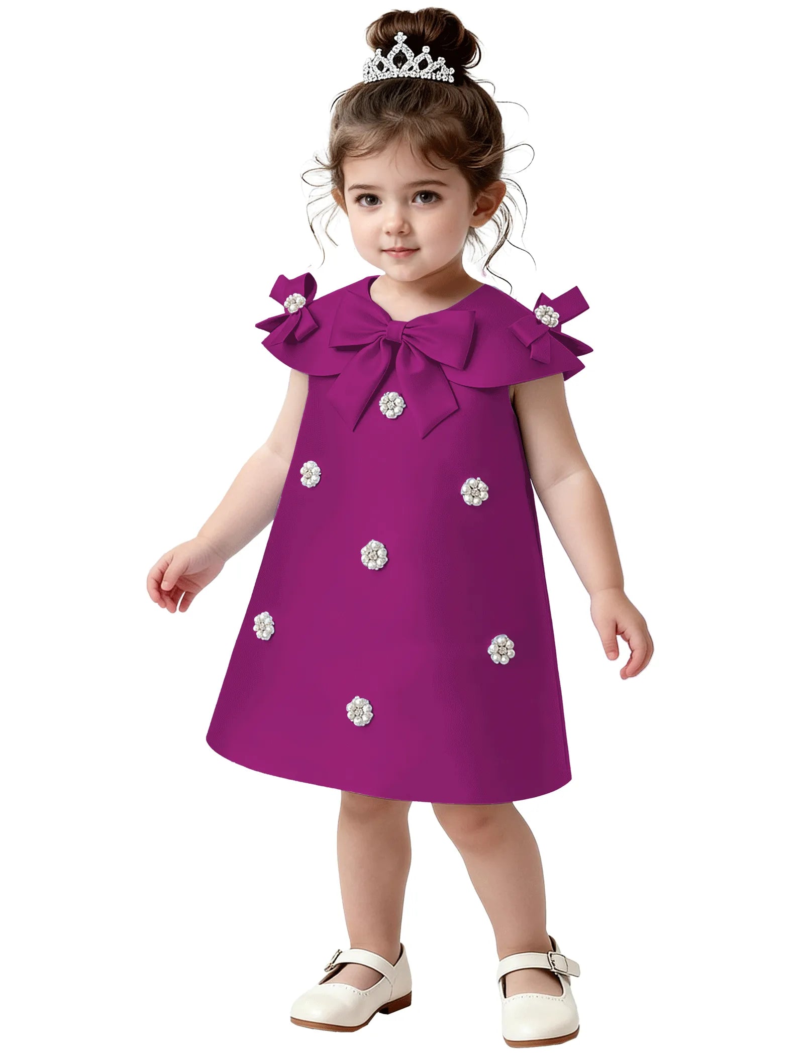Toddler Satin Bow Dress with Pearl Flower Embellishments