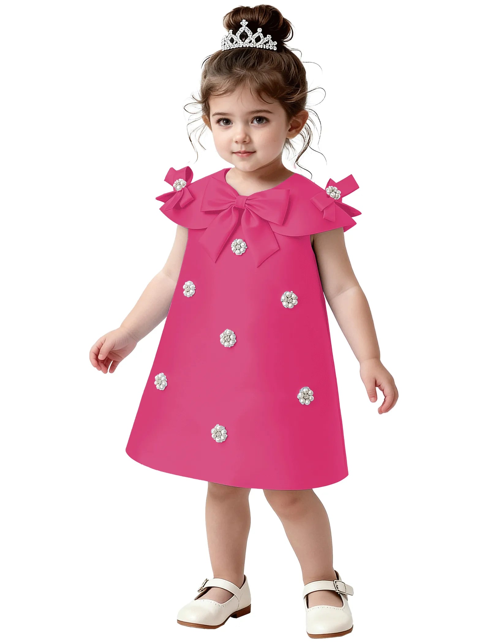 Toddler Satin Bow Dress with Pearl Flower Embellishments