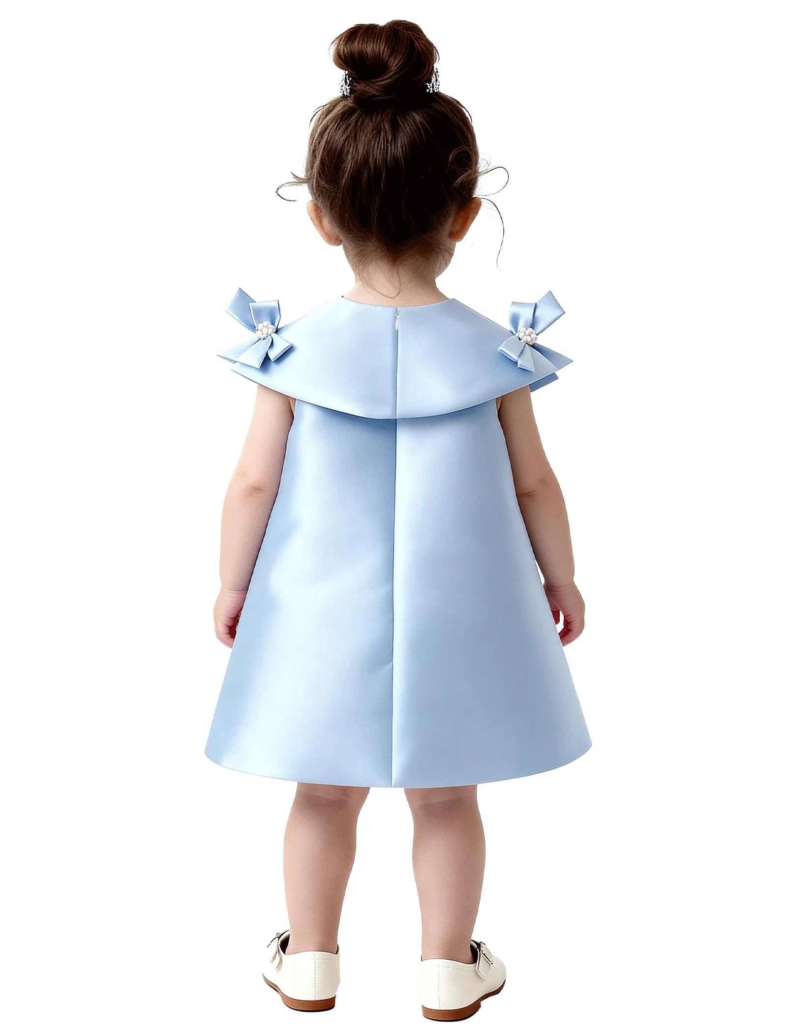 Toddler Satin Bow Dress with Pearl Flower Embellishments
