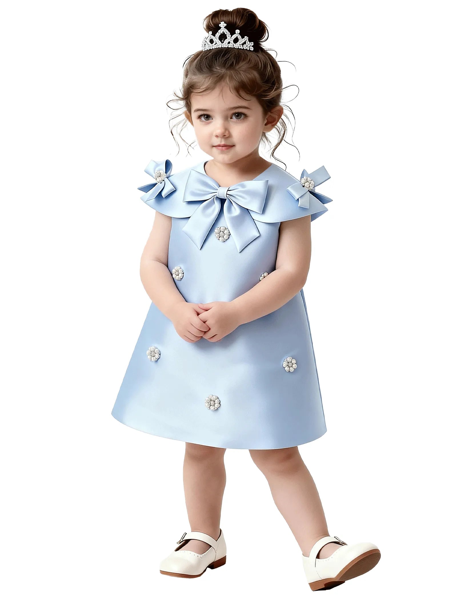 Toddler Satin Bow Dress with Pearl Flower Embellishments