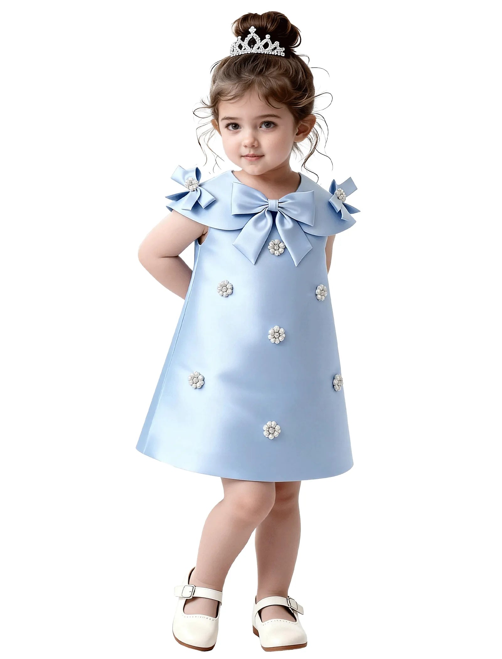 Toddler Satin Bow Dress with Pearl Flower Embellishments