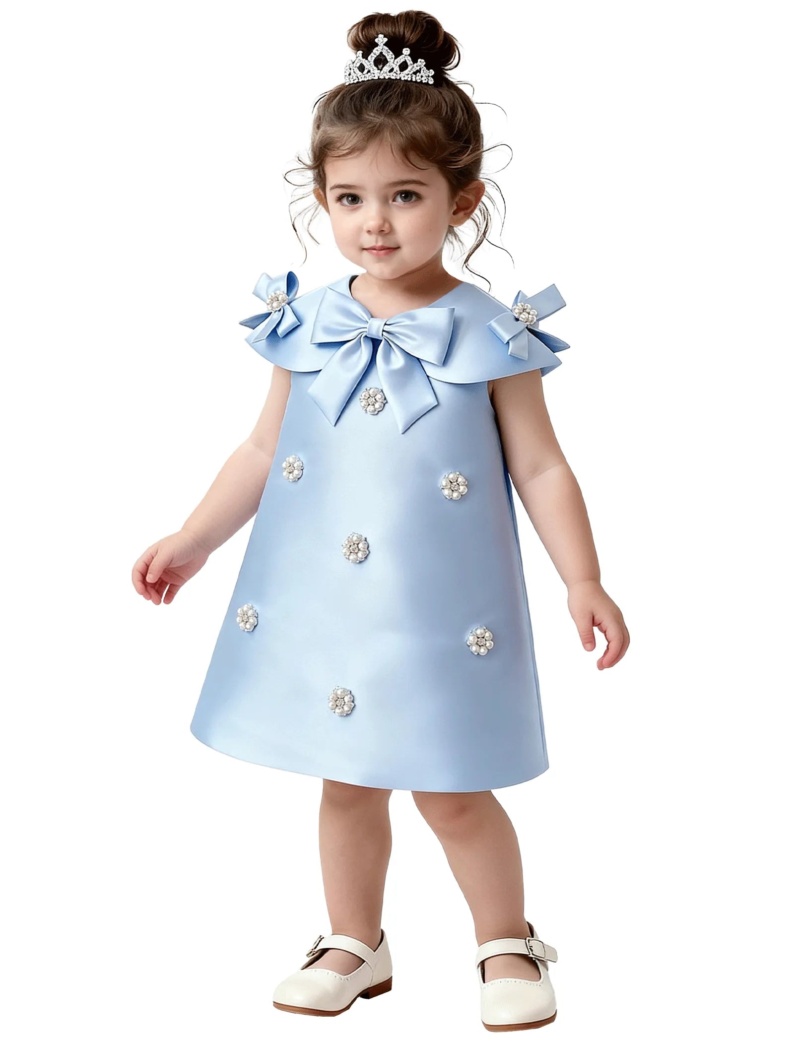 Toddler Satin Bow Dress with Pearl Flower Embellishments
