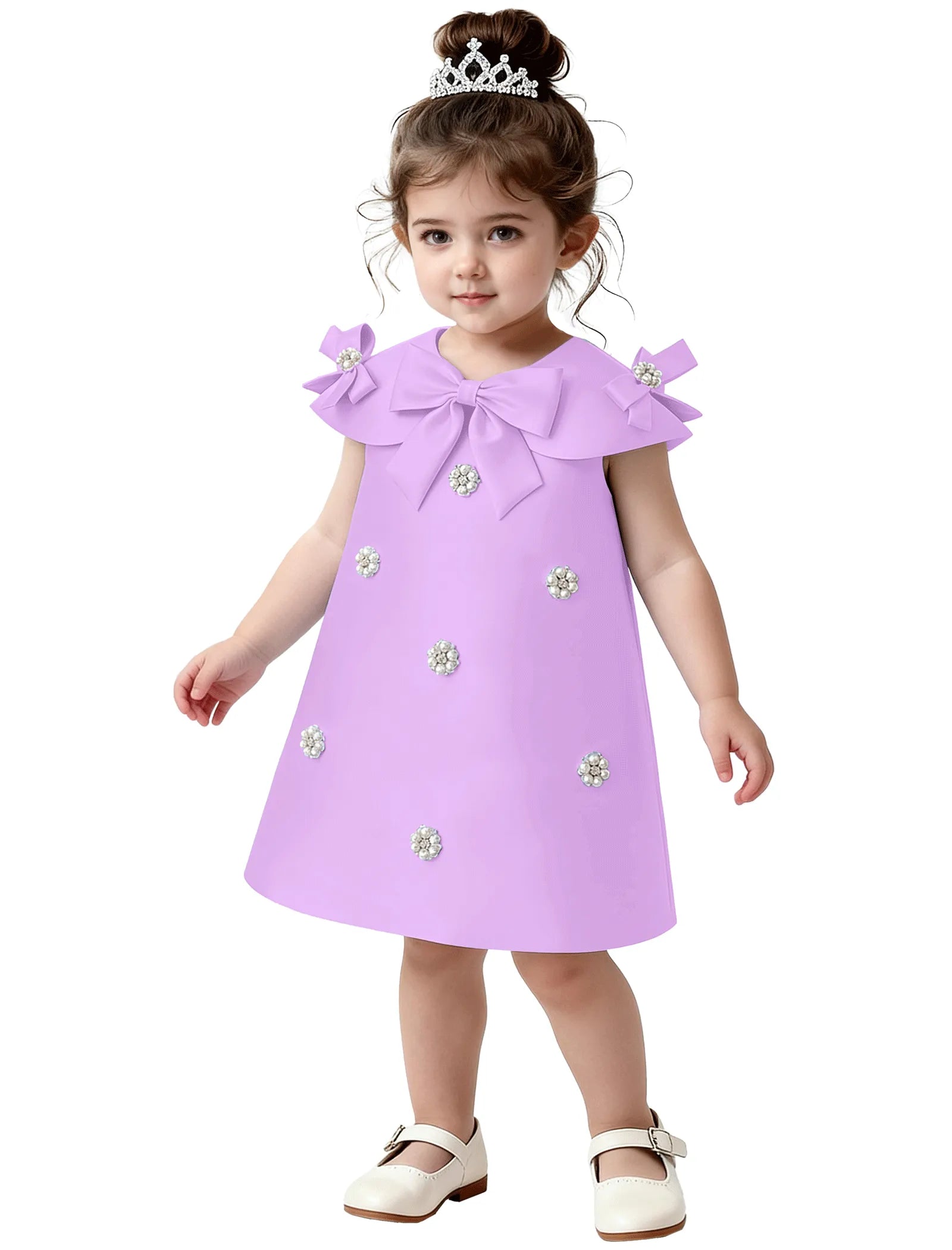 Toddler Satin Bow Dress with Pearl Flower Embellishments