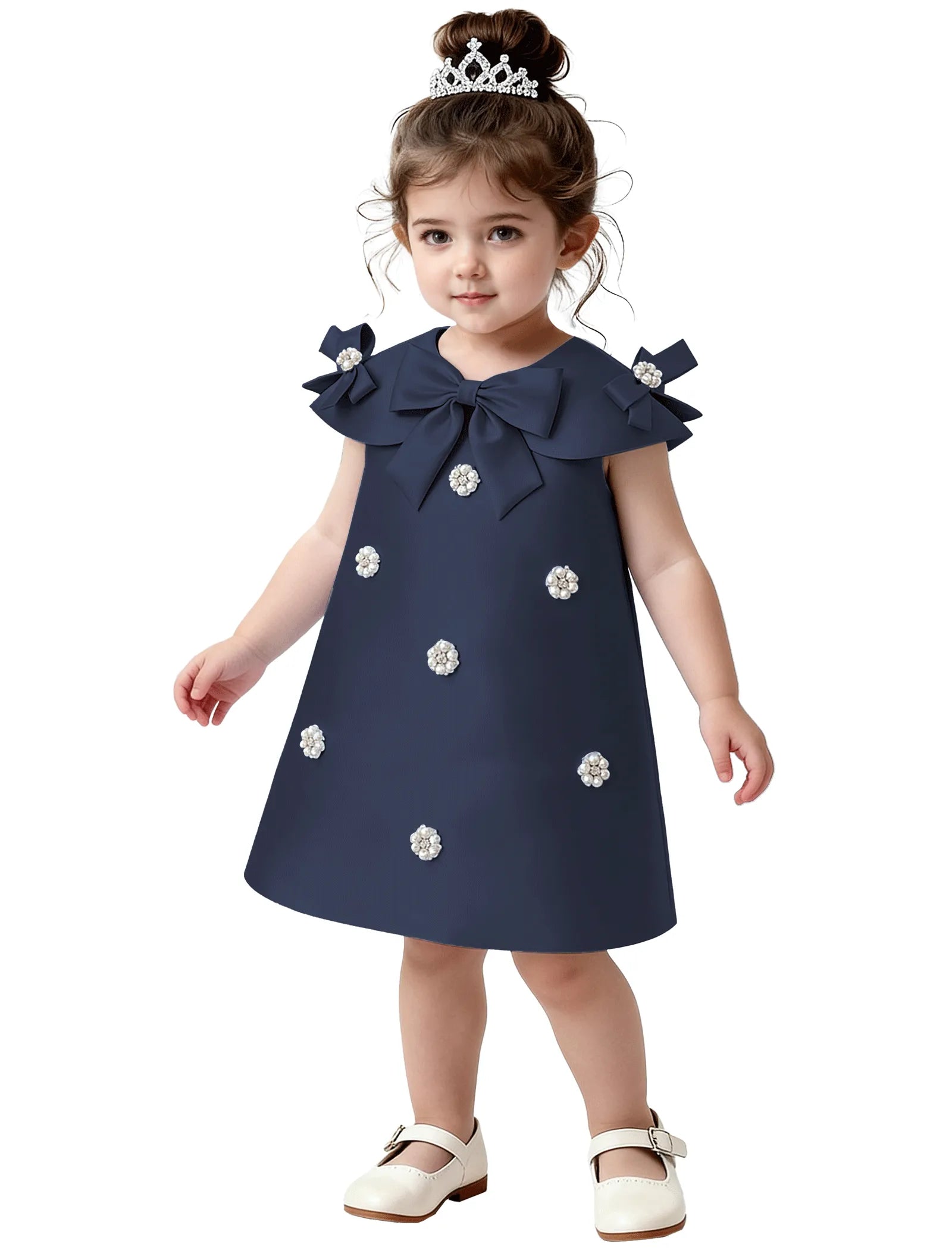 Toddler Satin Bow Dress with Pearl Flower Embellishments
