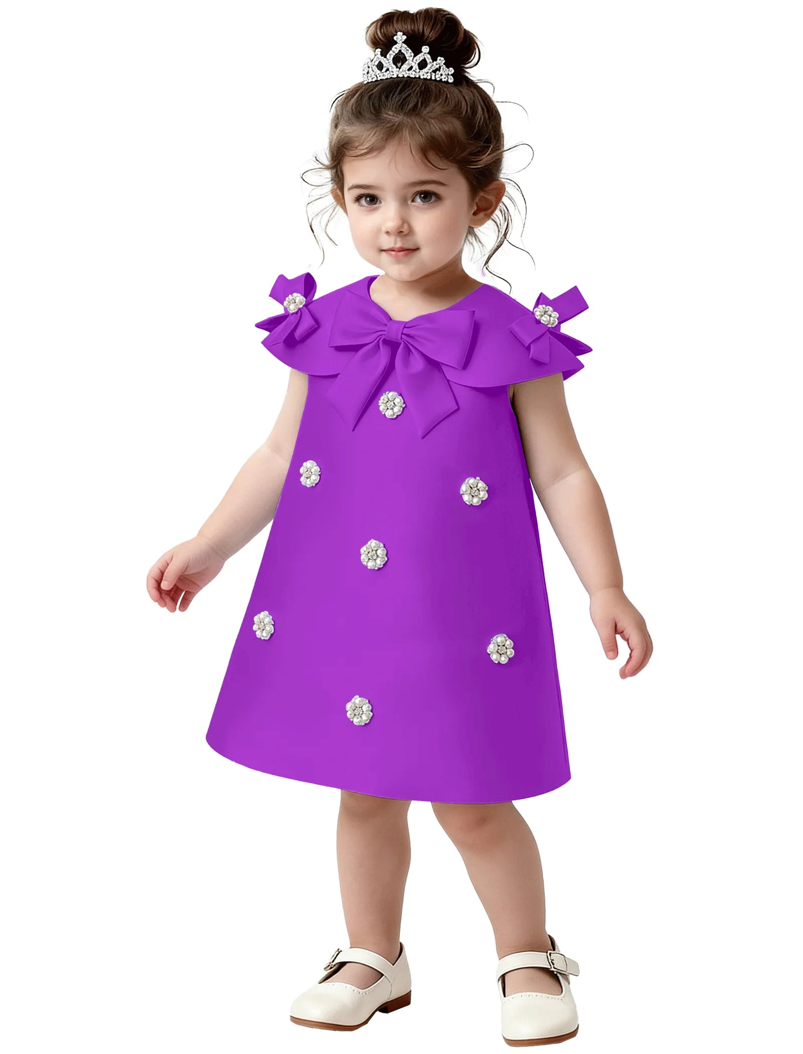 Toddler Satin Bow Dress with Pearl Flower Embellishments