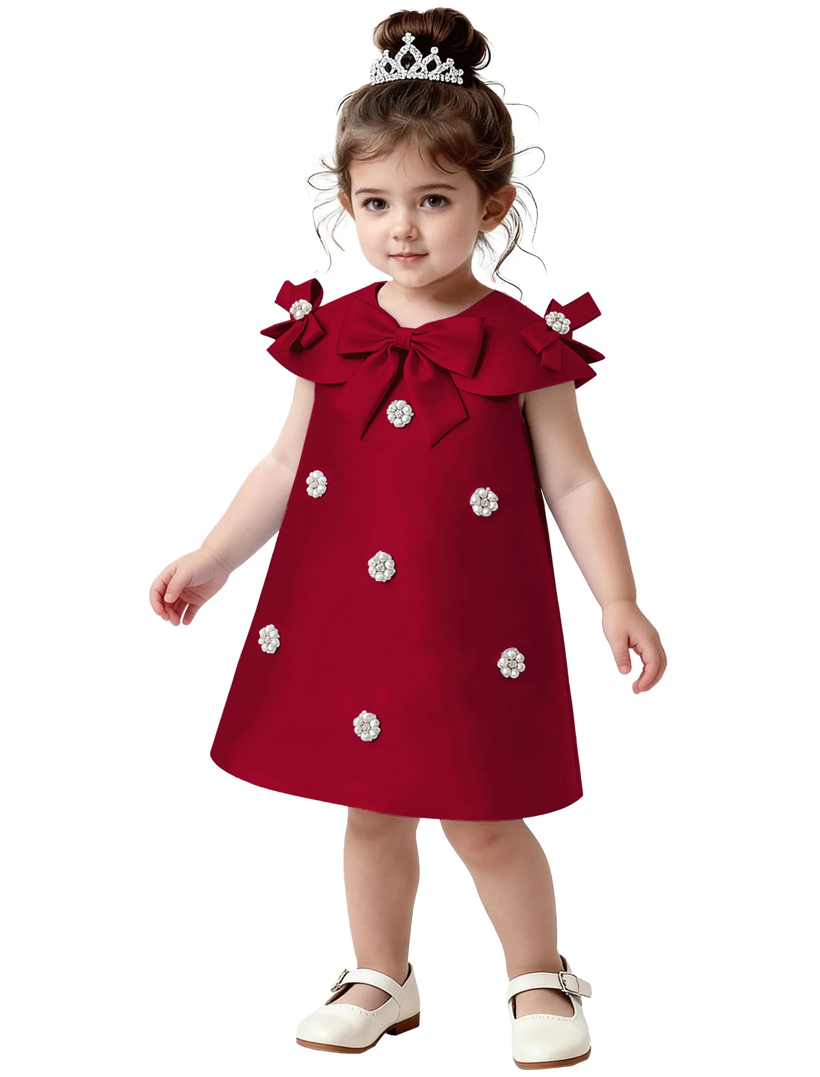 Toddler Satin Bow Dress with Pearl Flower Embellishments
