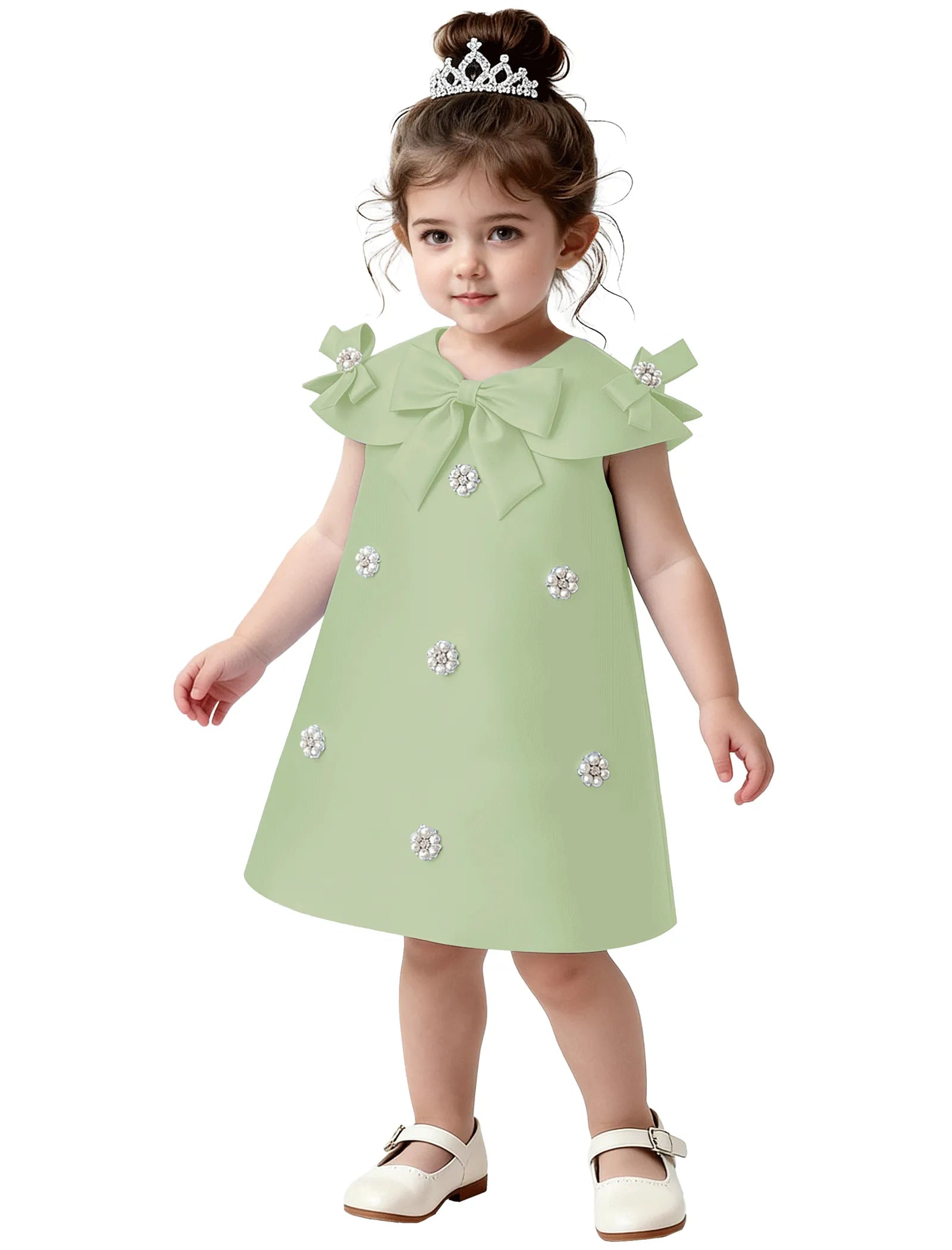Toddler Satin Bow Dress with Pearl Flower Embellishments