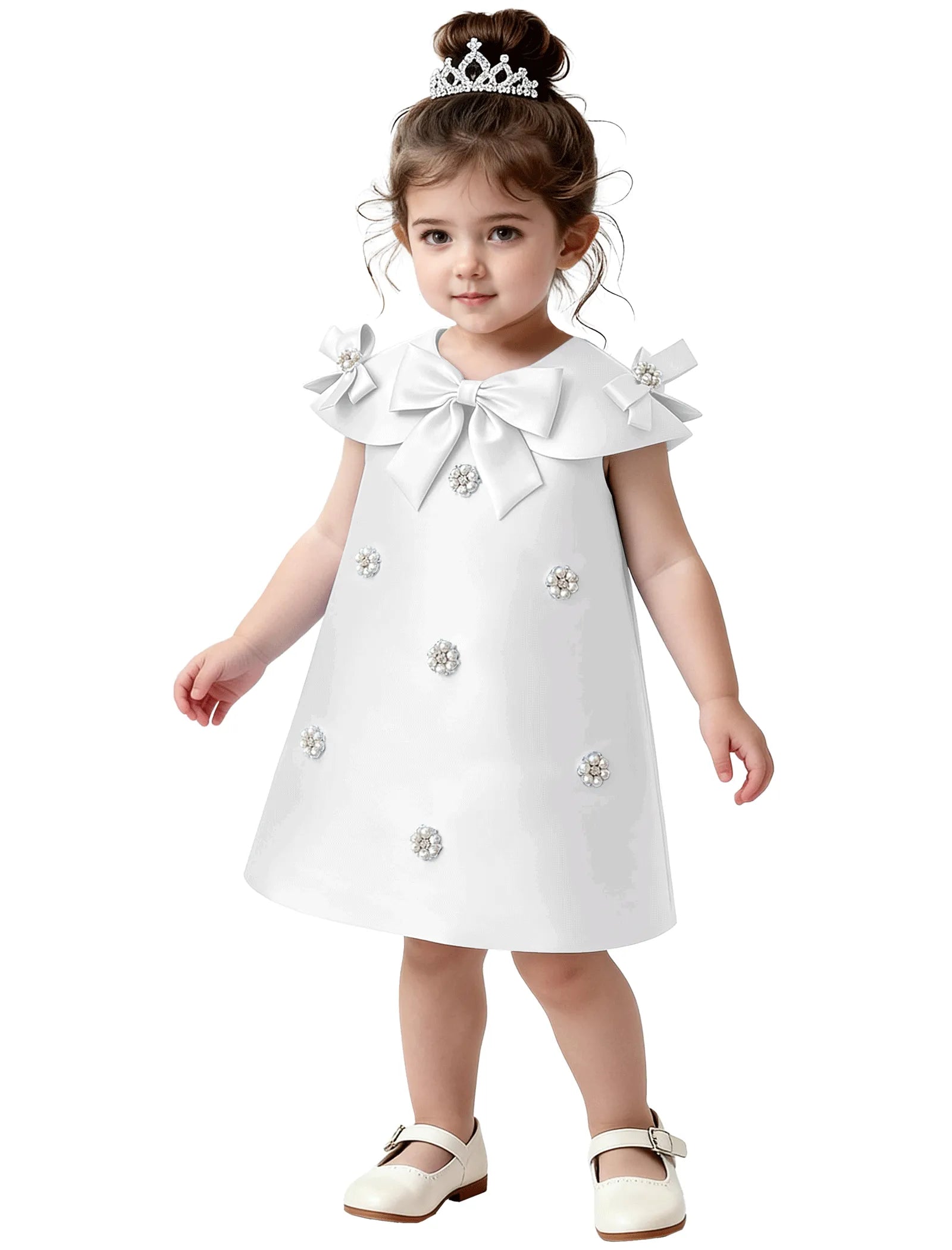 Toddler Satin Bow Dress with Pearl Flower Embellishments