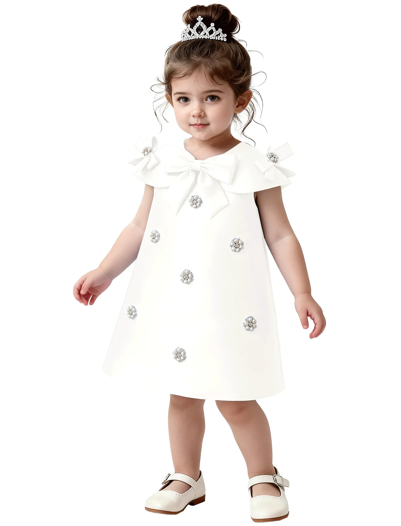 Toddler Satin Bow Dress with Pearl Flower Embellishments