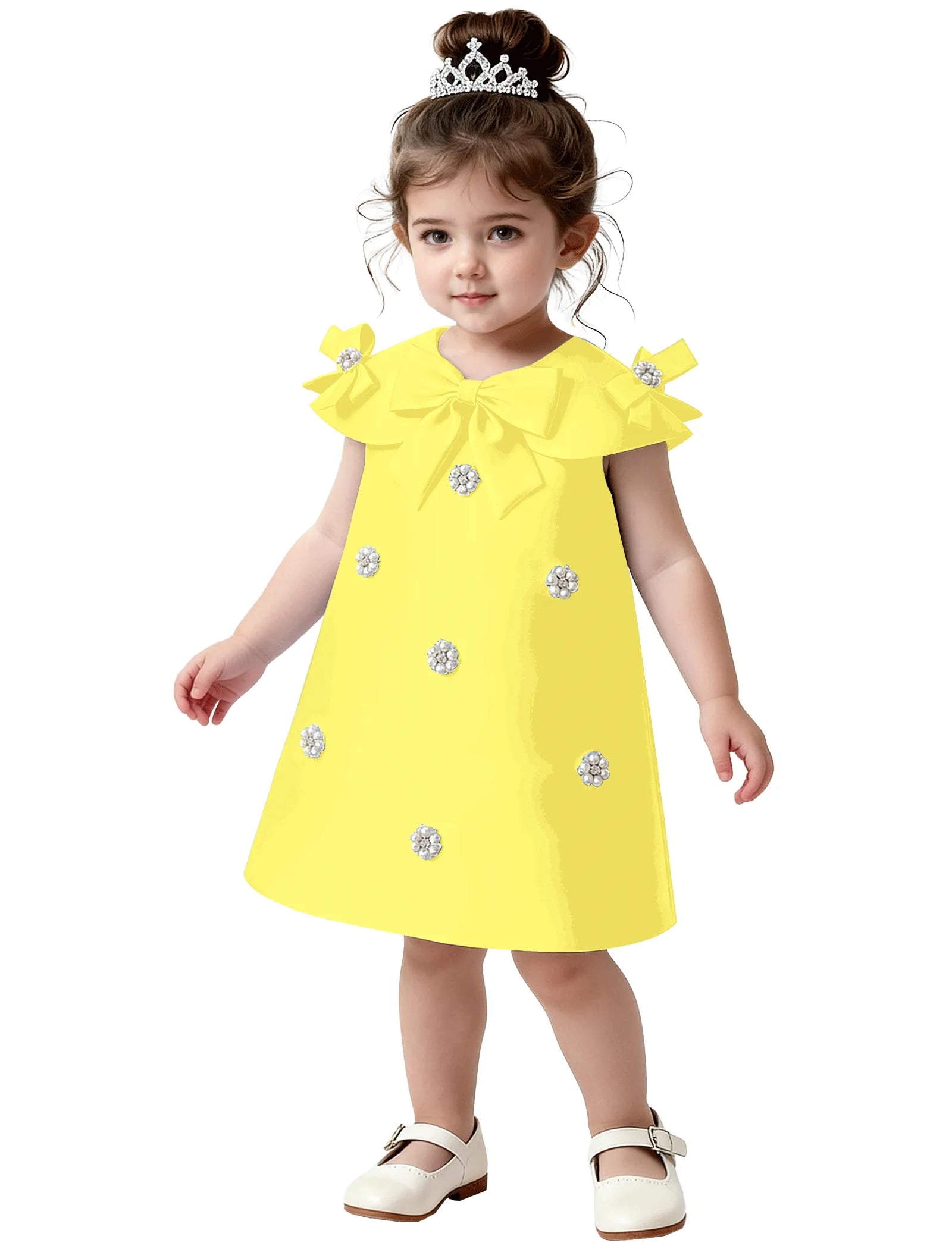 Toddler Satin Bow Dress with Pearl Flower Embellishments