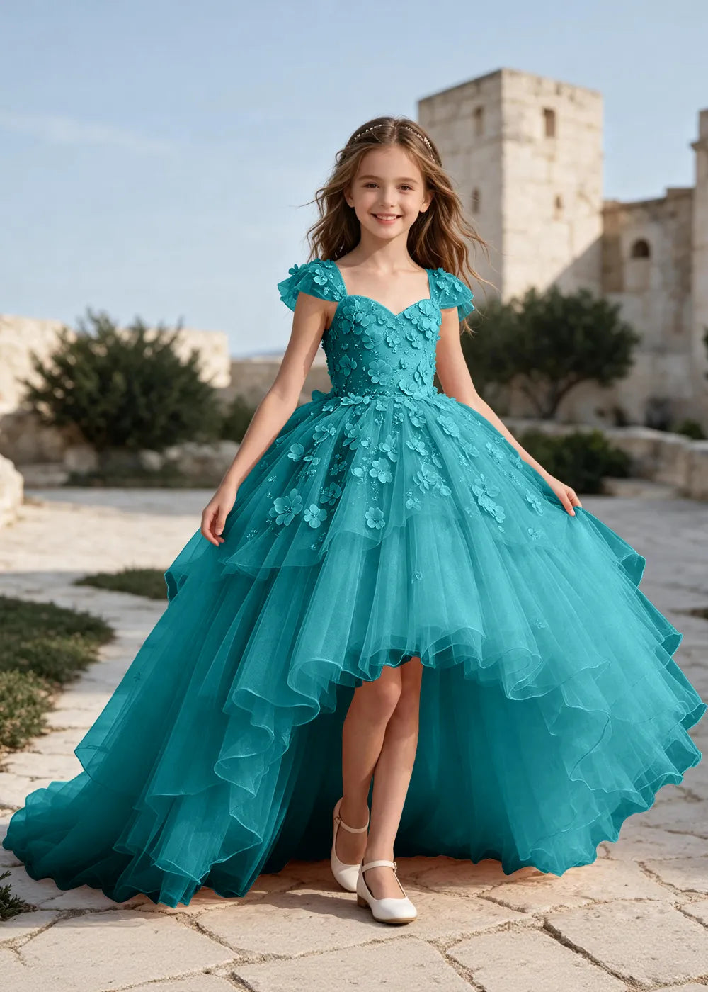Elegant Flower Appliqué Princess Dress
