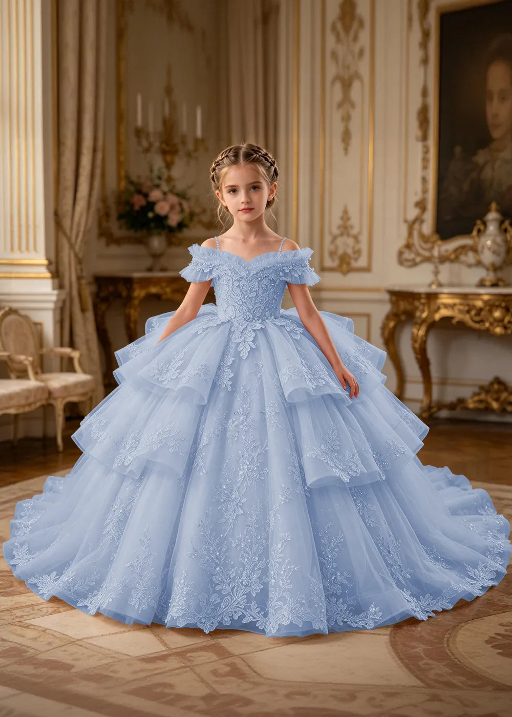 Luxury Princess Tulle Dress with Embroidered Lace and Long Train