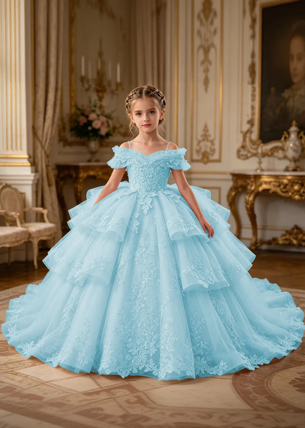Luxury Princess Tulle Dress with Embroidered Lace and Long Train