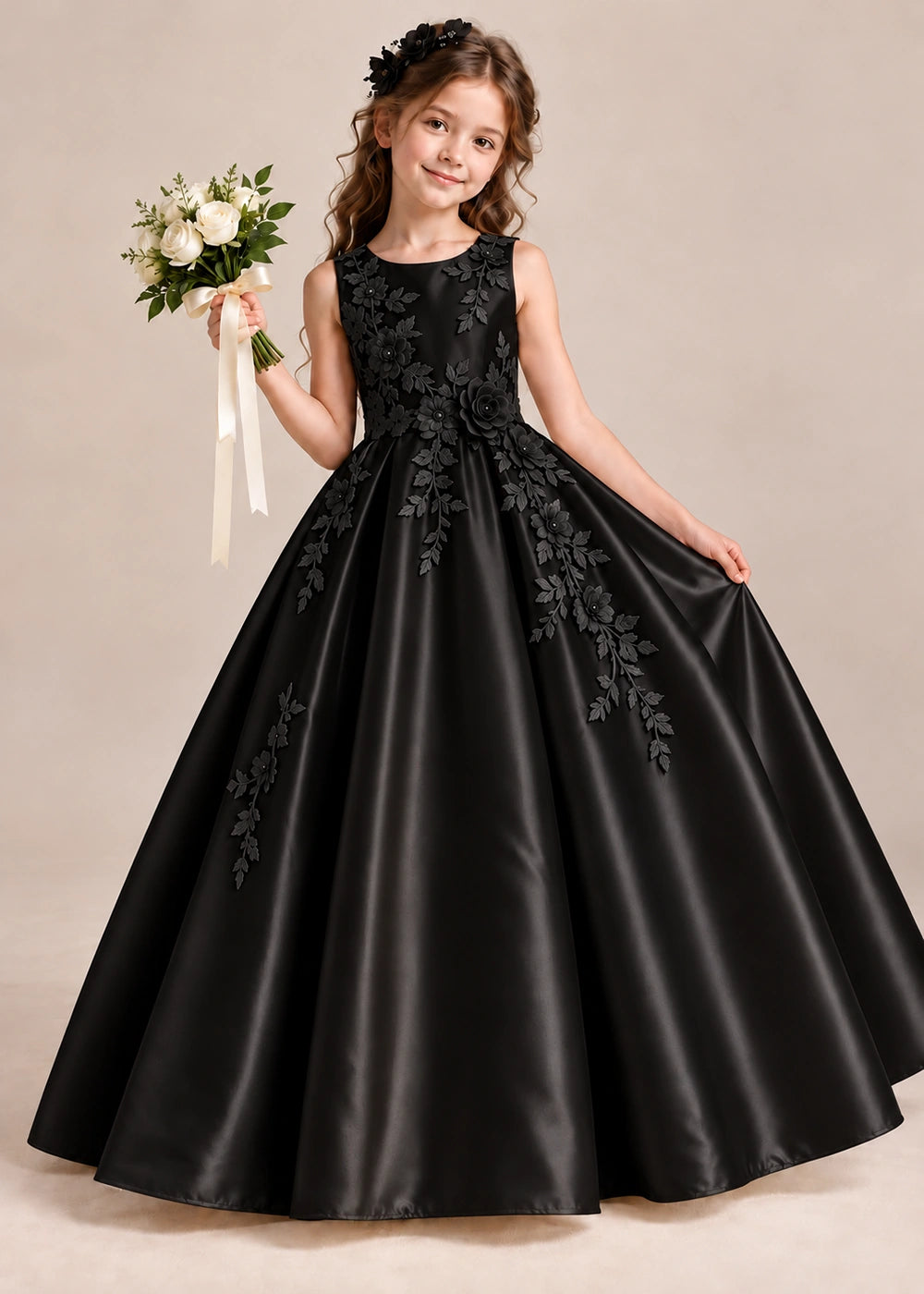 Front view of a black sleeveless flower girl dress with floral applique and a full satin ball gown skirt.
