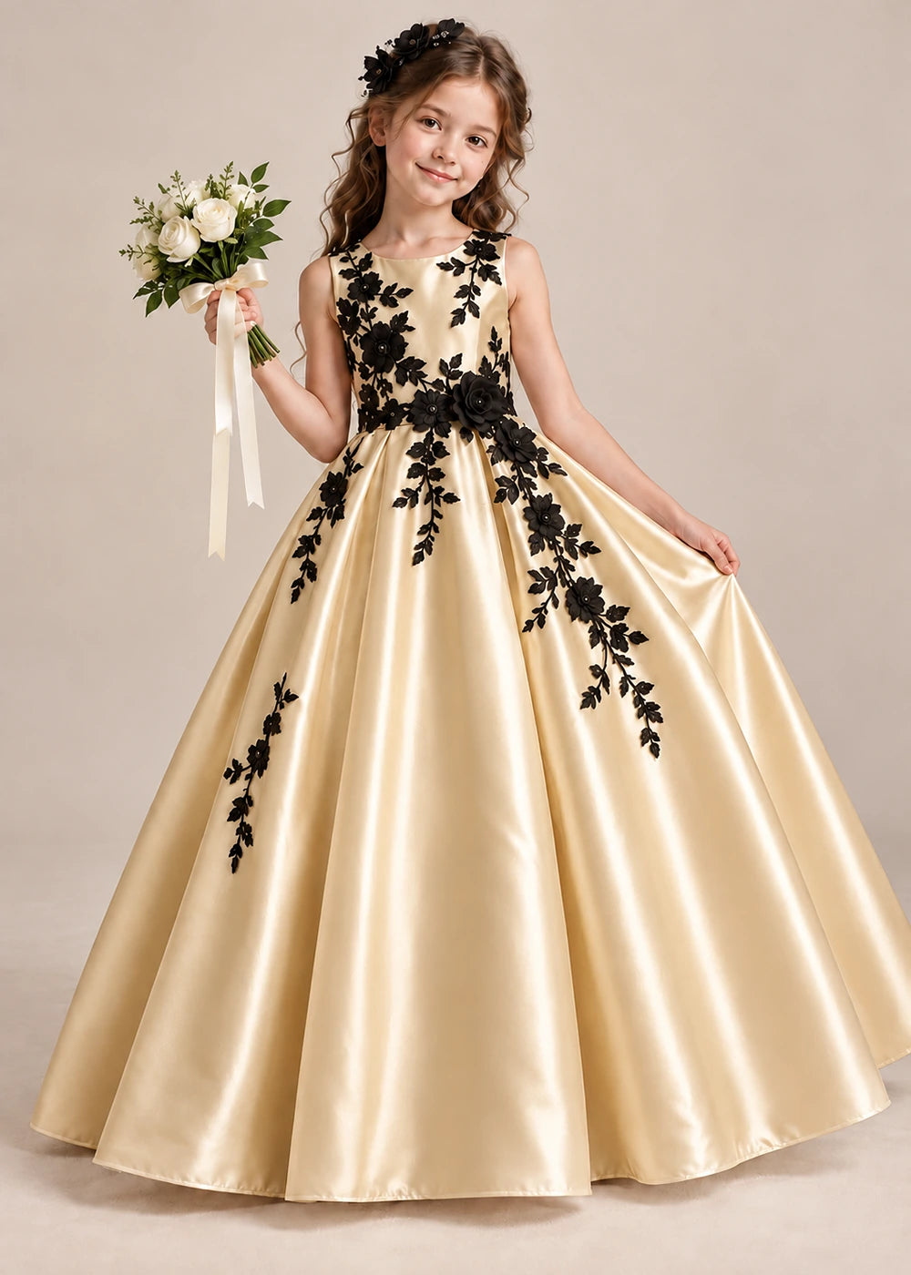 Front view of a black sleeveless flower girl dress with floral applique and a full satin ball gown skirt.