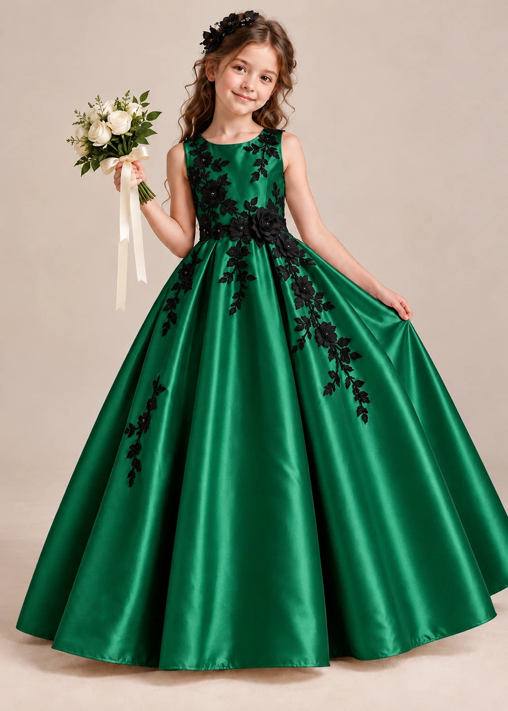 Front view of a emerald green sleeveless flower girl dress with floral applique and a full satin ball gown skirt.