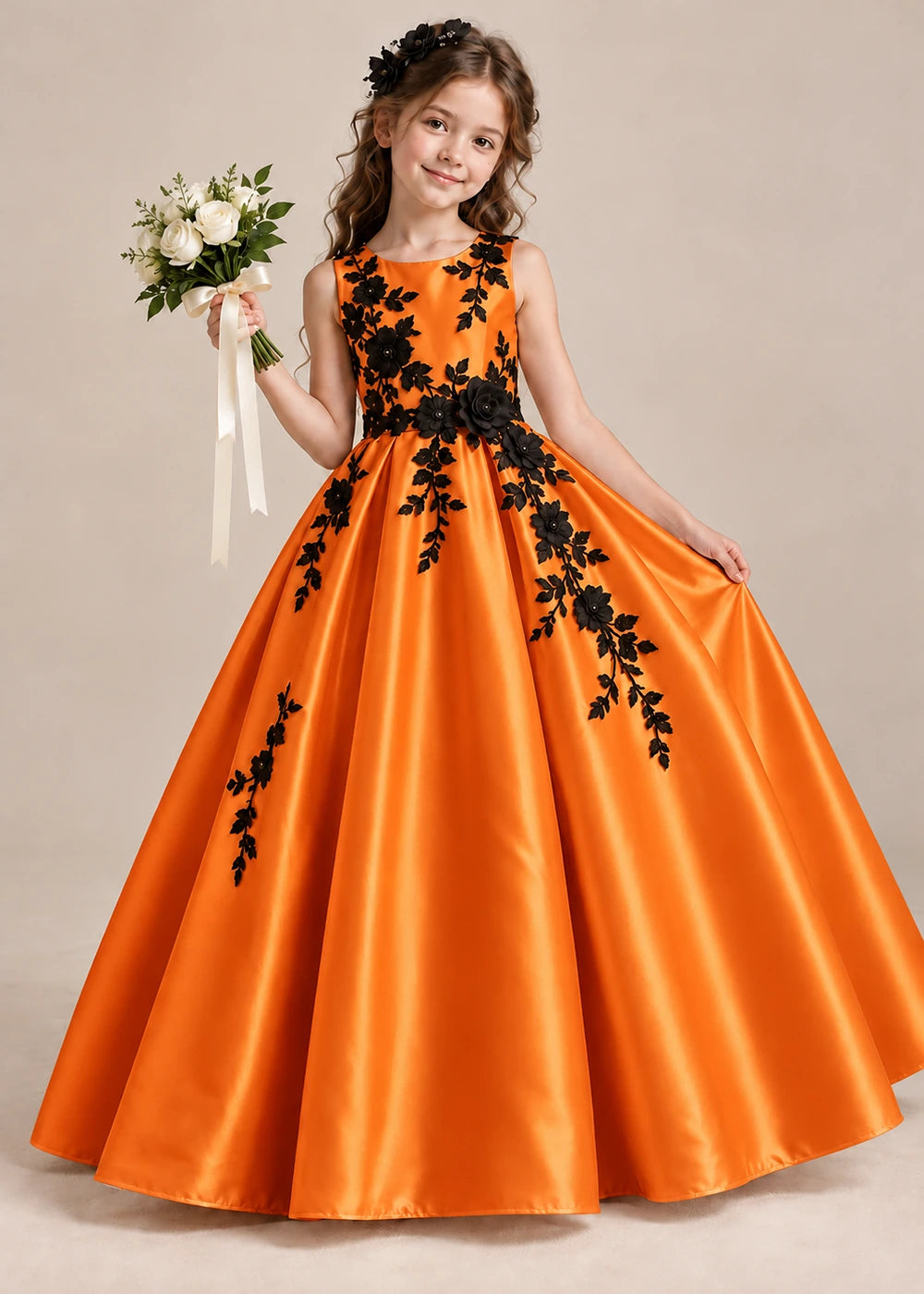 Front view of a pumpkin orange sleeveless flower girl dress with floral applique and a full satin ball gown skirt.