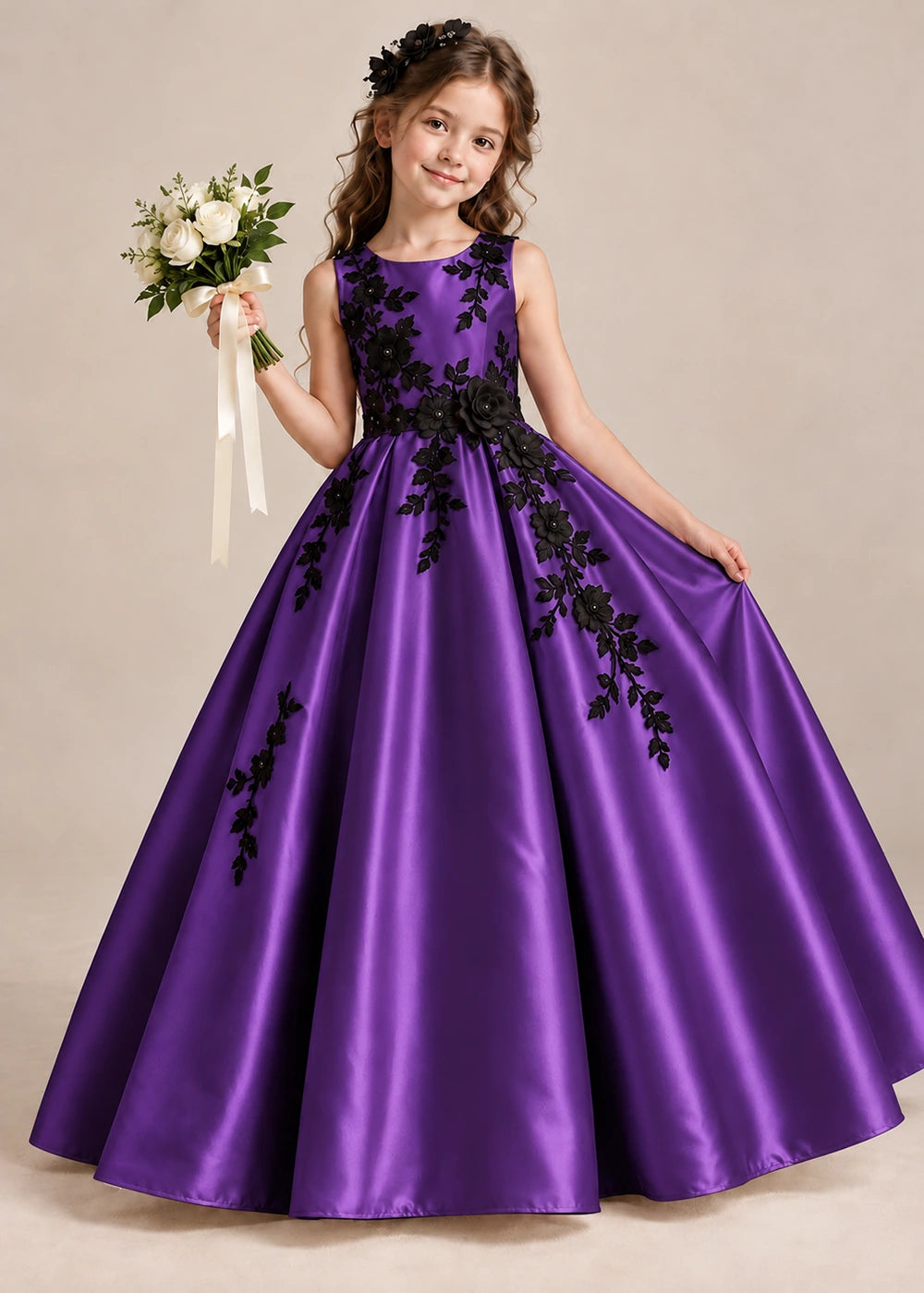 Front view of a royal purple sleeveless flower girl dress with floral applique and a full satin ball gown skirt.