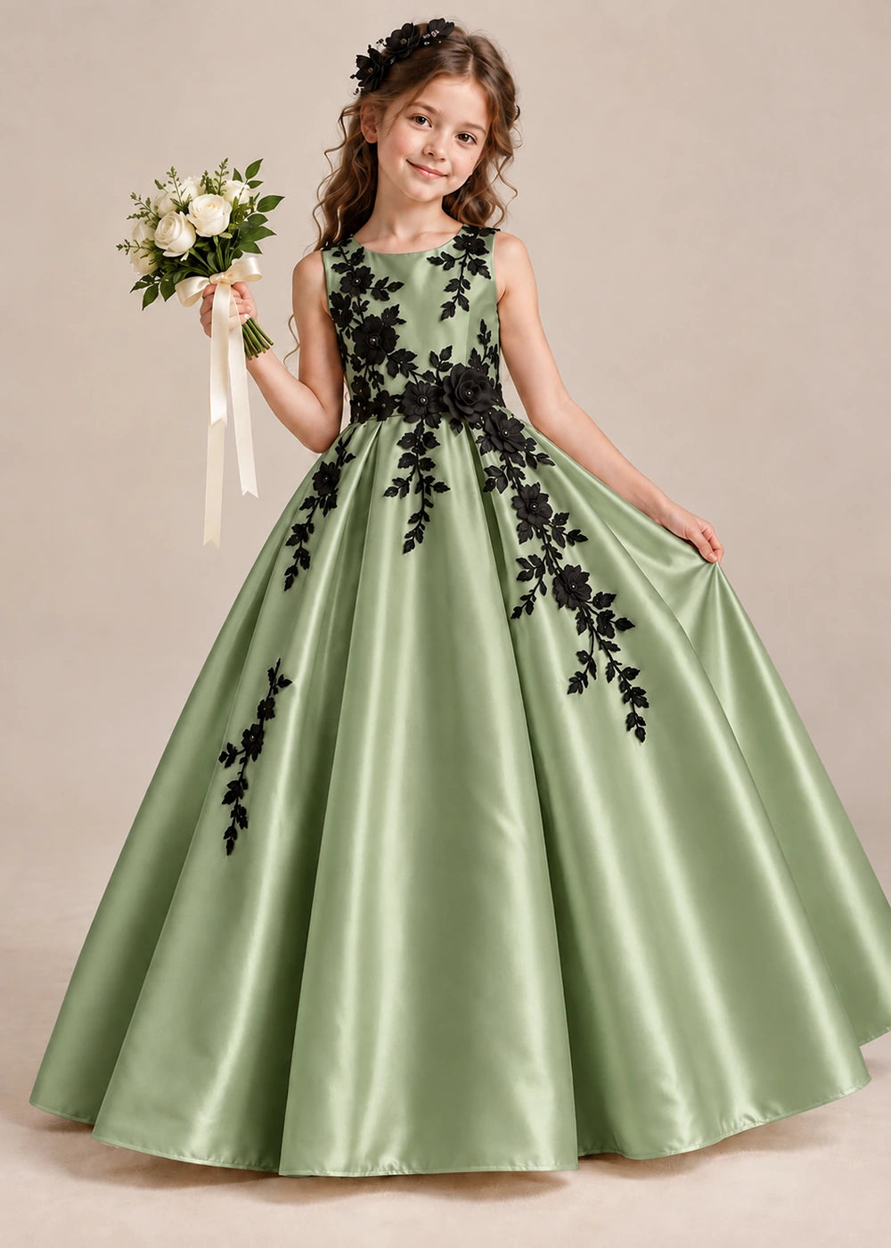 Front view of a sage green sleeveless flower girl dress with floral applique and a full satin ball gown skirt.