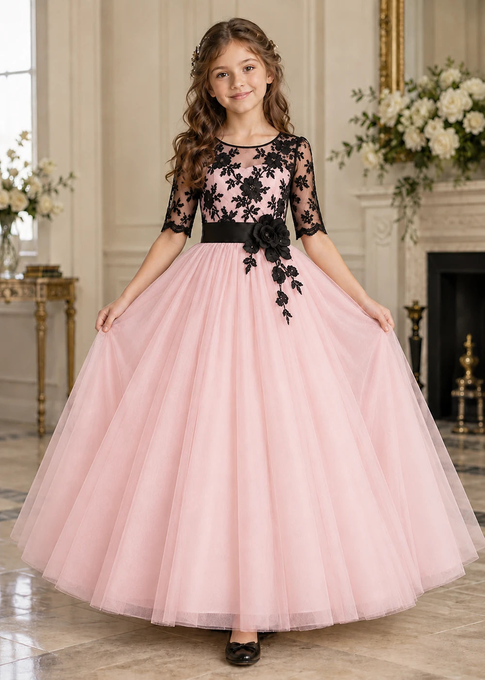 Front view of a blush pink and Black Flower Girl Dress with Lace Bodice.