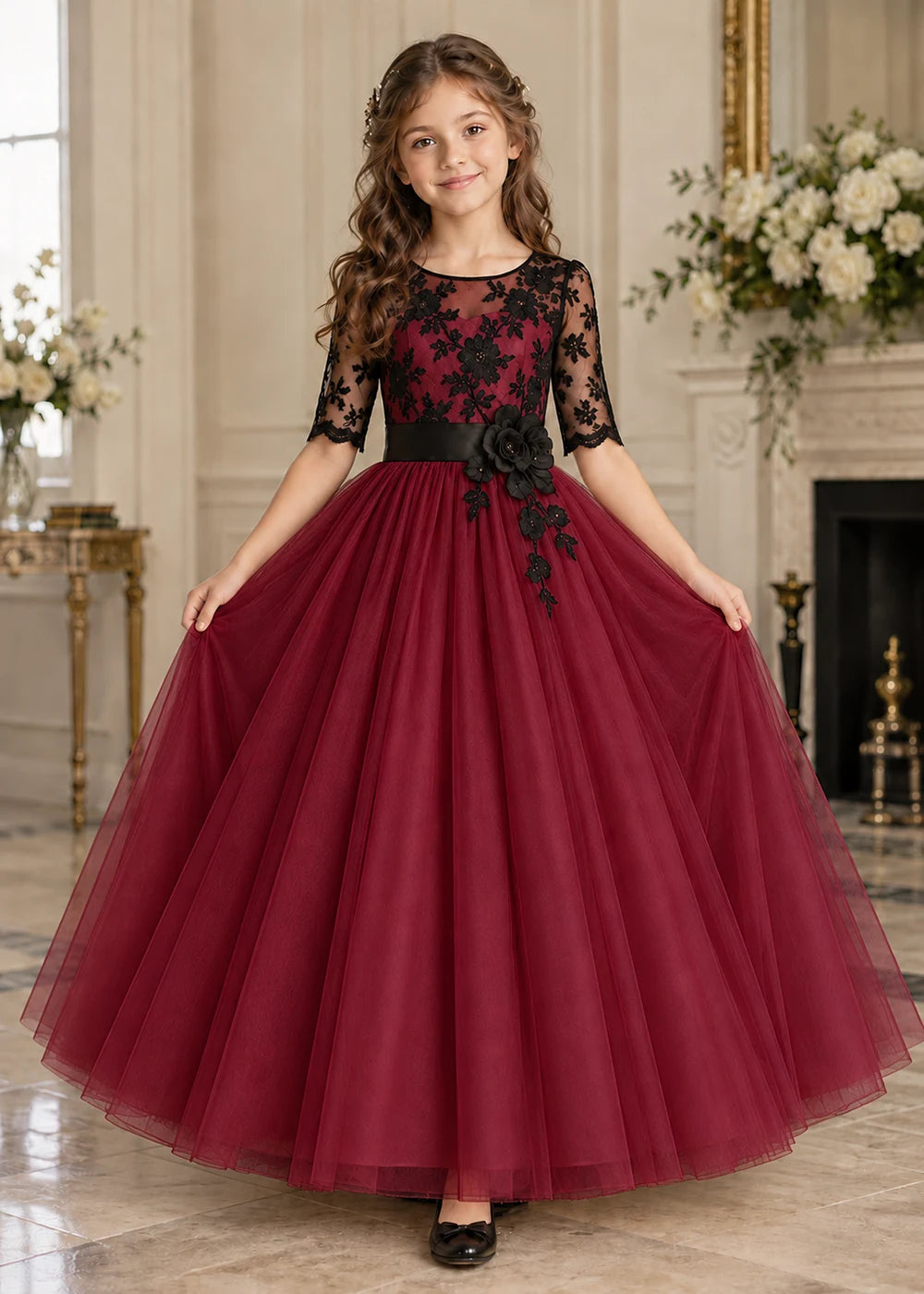 Front view of a burgundy and Black Flower Girl Dress with Lace Bodice.