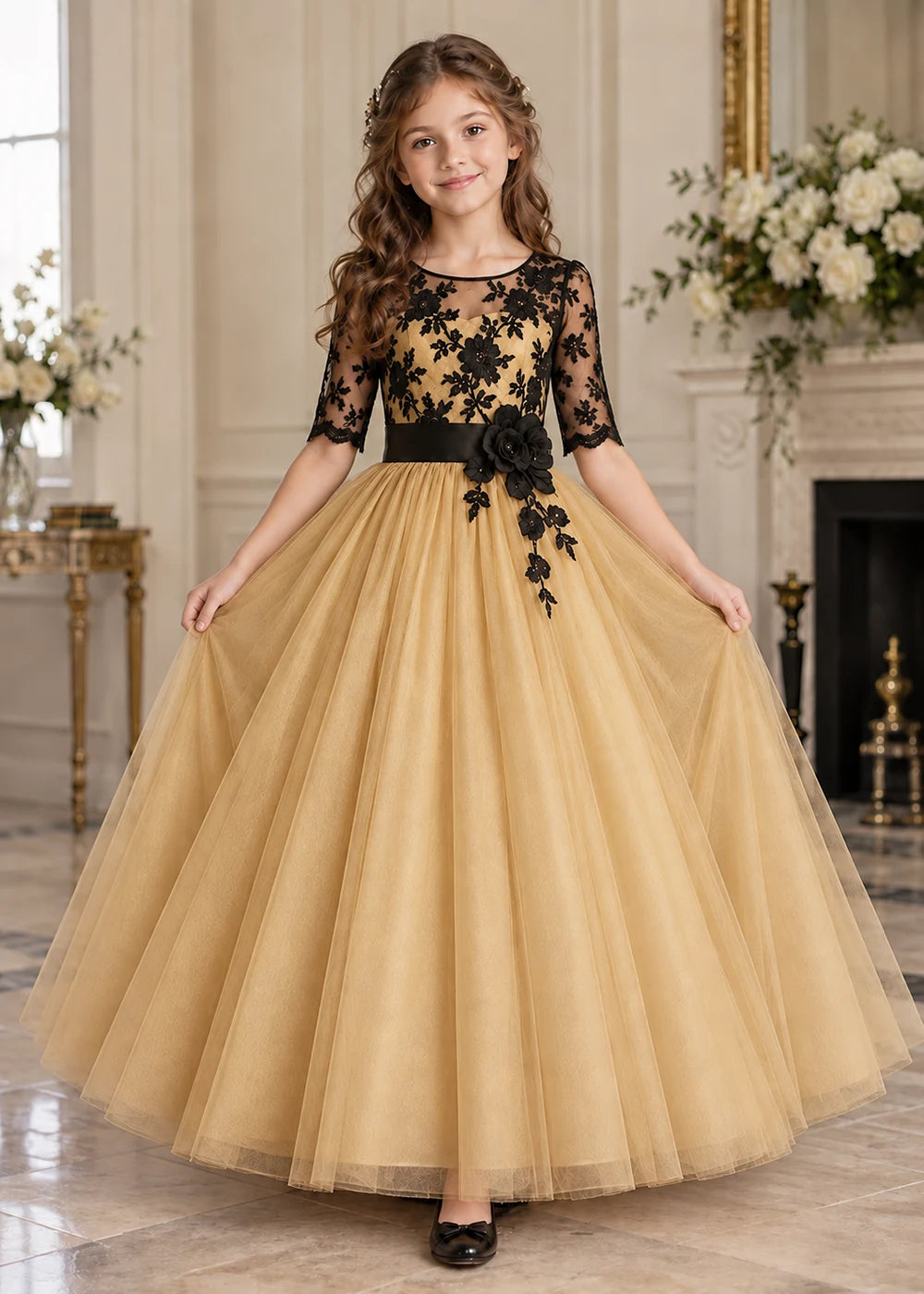Front view of a champagne and Black Flower Girl Dress with Lace Bodice.