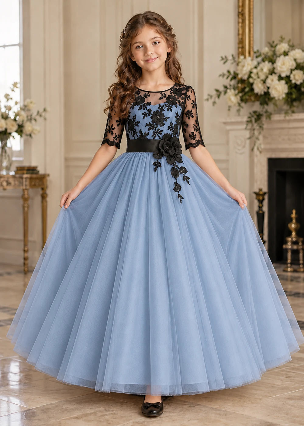 Front view of a dusty blue and Black Flower Girl Dress with Lace Bodice.
