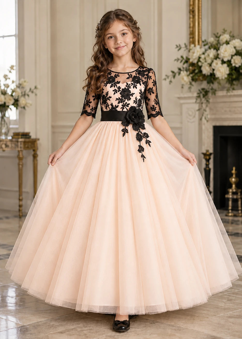 Front view of a ivory peach and Black Flower Girl Dress with Lace Bodice.