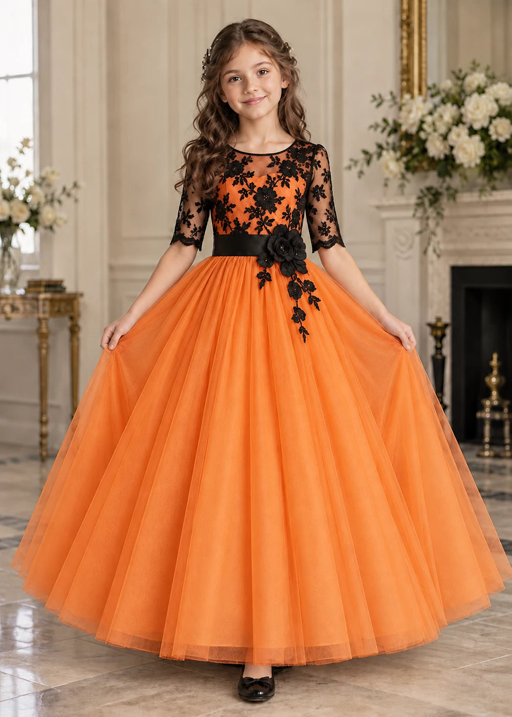 Front view of a pumpkin orange and Black Flower Girl Dress with Lace Bodice.
