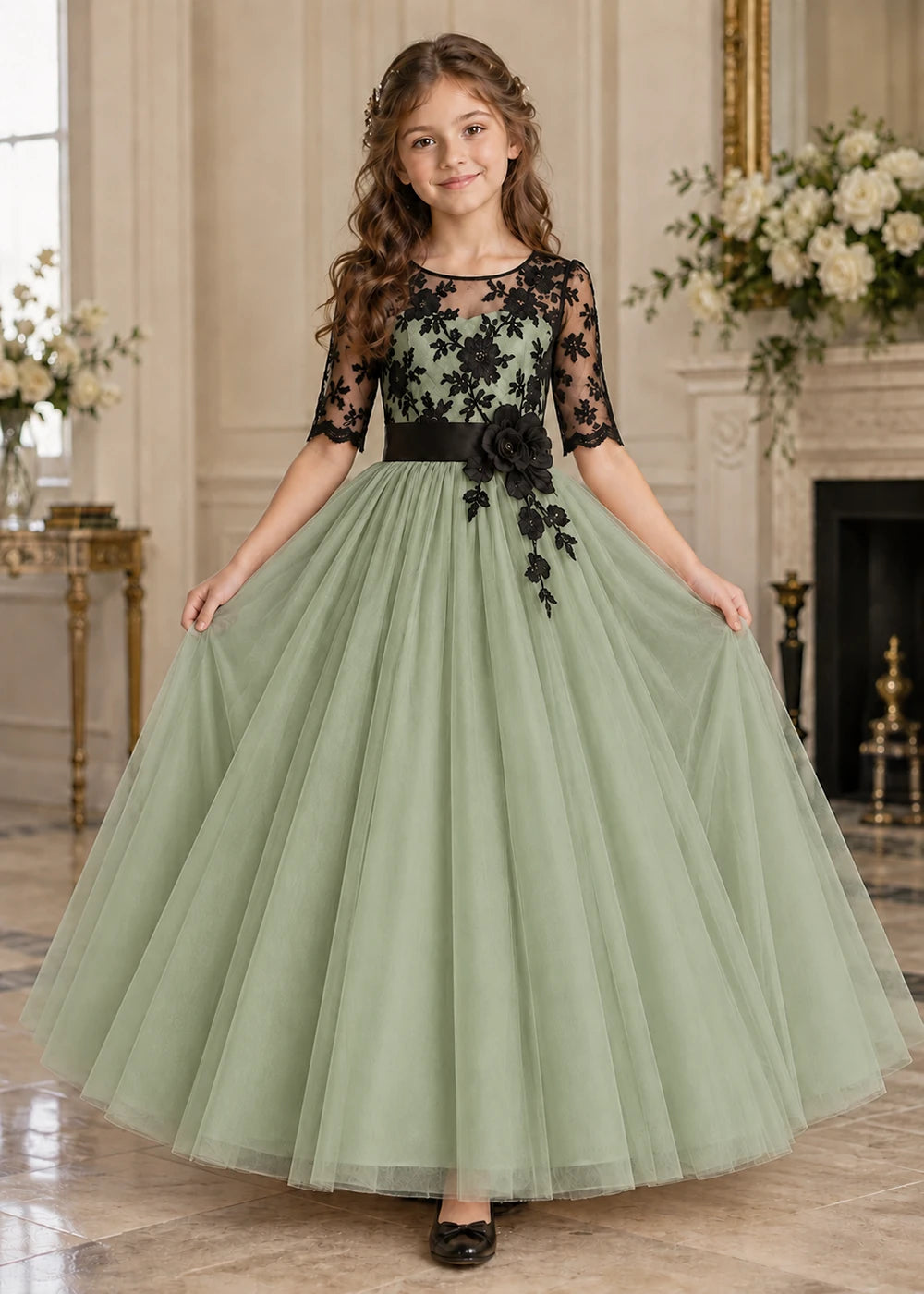 Front view of a sage green and Black Flower Girl Dress with Lace Bodice.