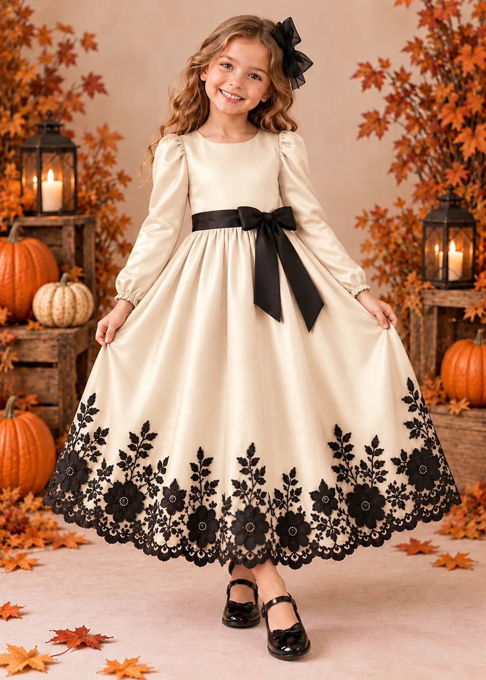 Front view of a ivory long-Sleeve Flower Girl Dress with Black Floral Hem.