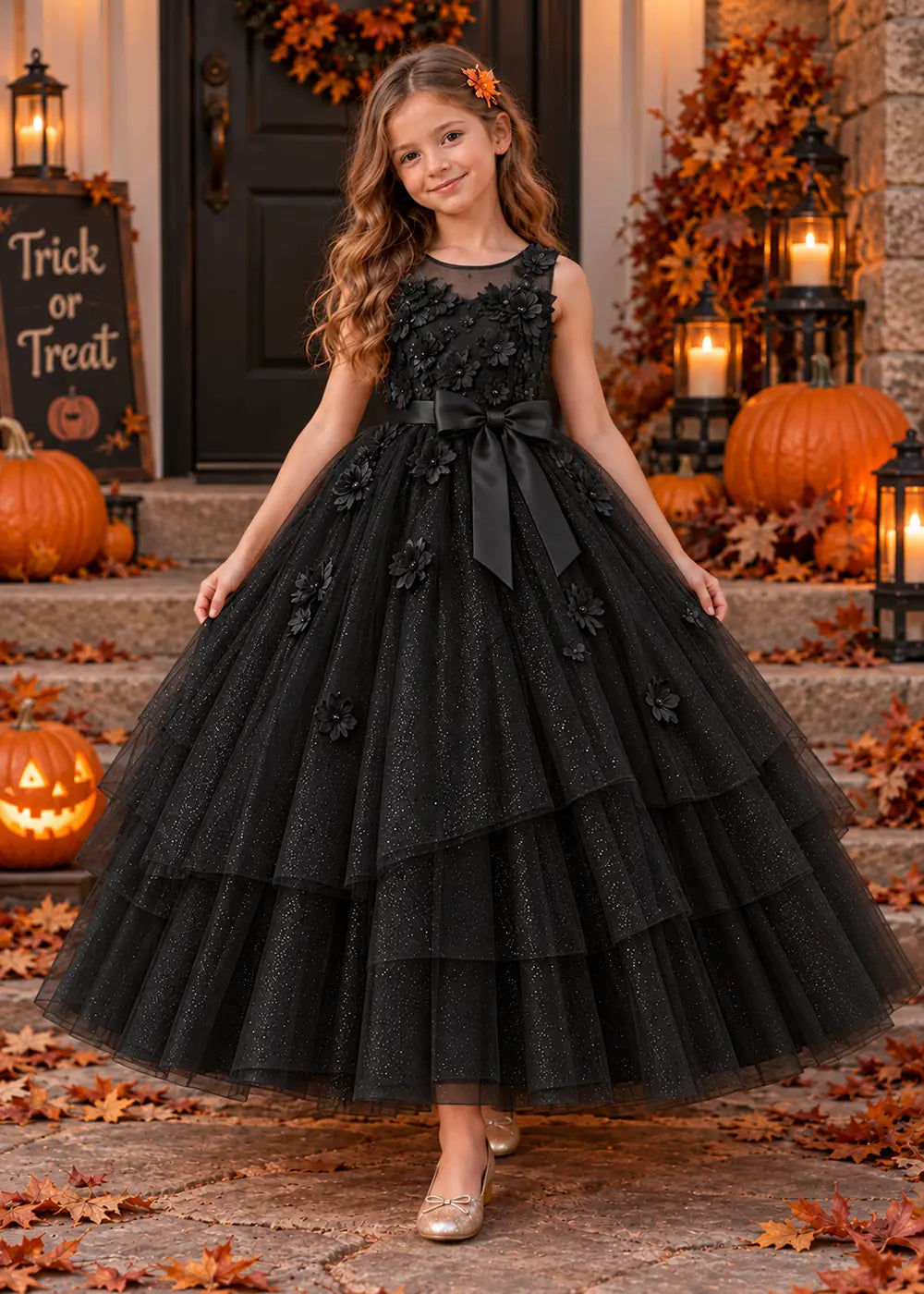 Front view of a black flower Girl Dress with Floral Bodice and Tiered Skirt.