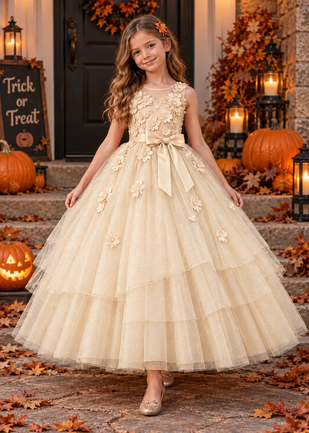 Front view of a champagne flower Girl Dress with Floral Bodice and Tiered Skirt.