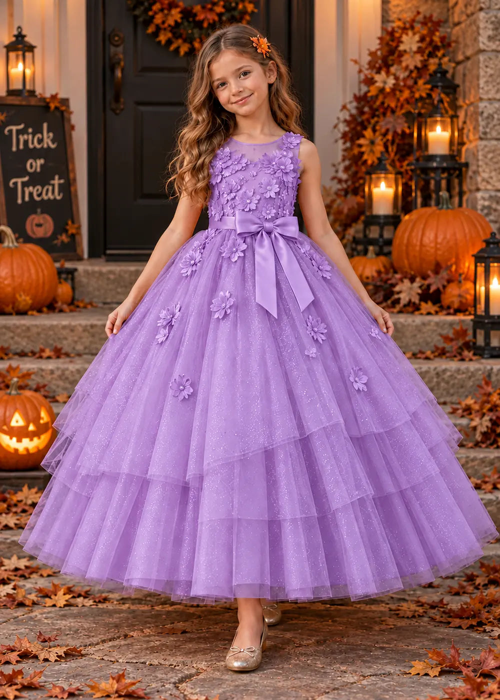 Front view of a lavender flower Girl Dress with Floral Bodice and Tiered Skirt.