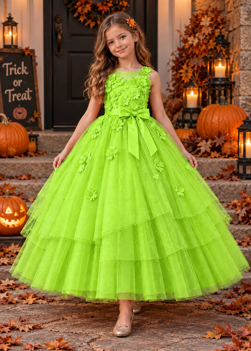 Front view of a light green flower Girl Dress with Floral Bodice and Tiered Skirt.