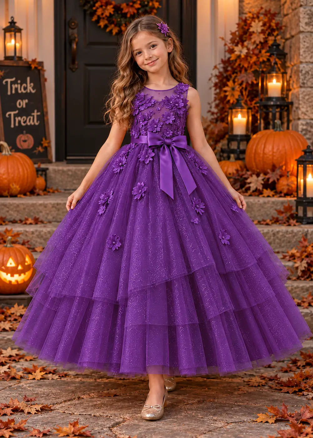Front view of a purple flower Girl Dress with Floral Bodice and Tiered Skirt.
