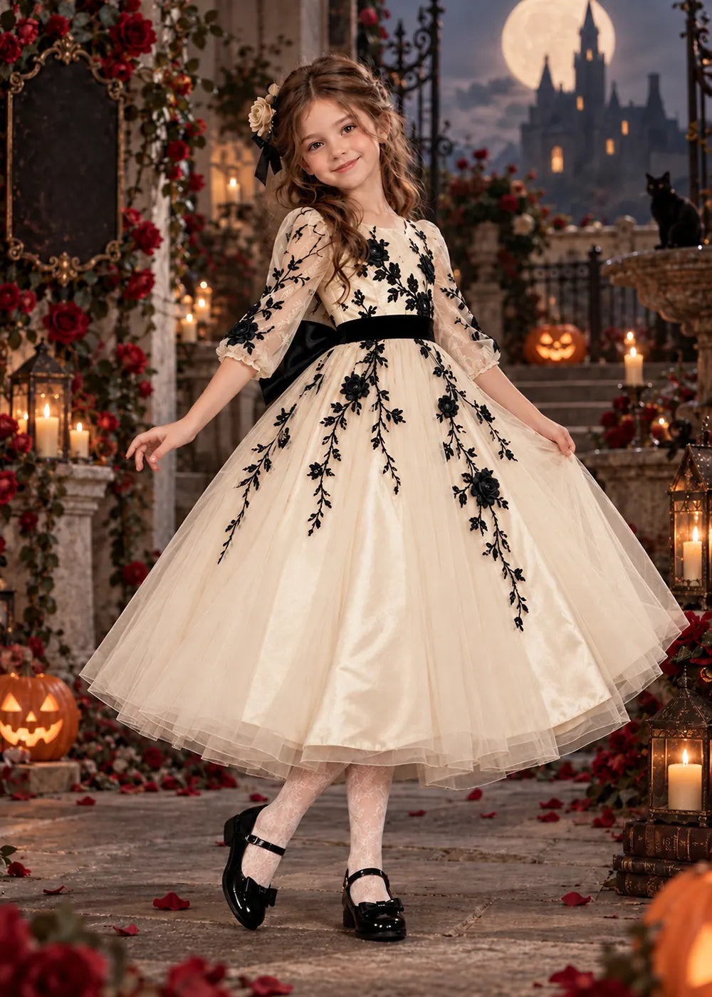 Front view of a champagne floral Flower Girl Dress with Sheer Sleeves.