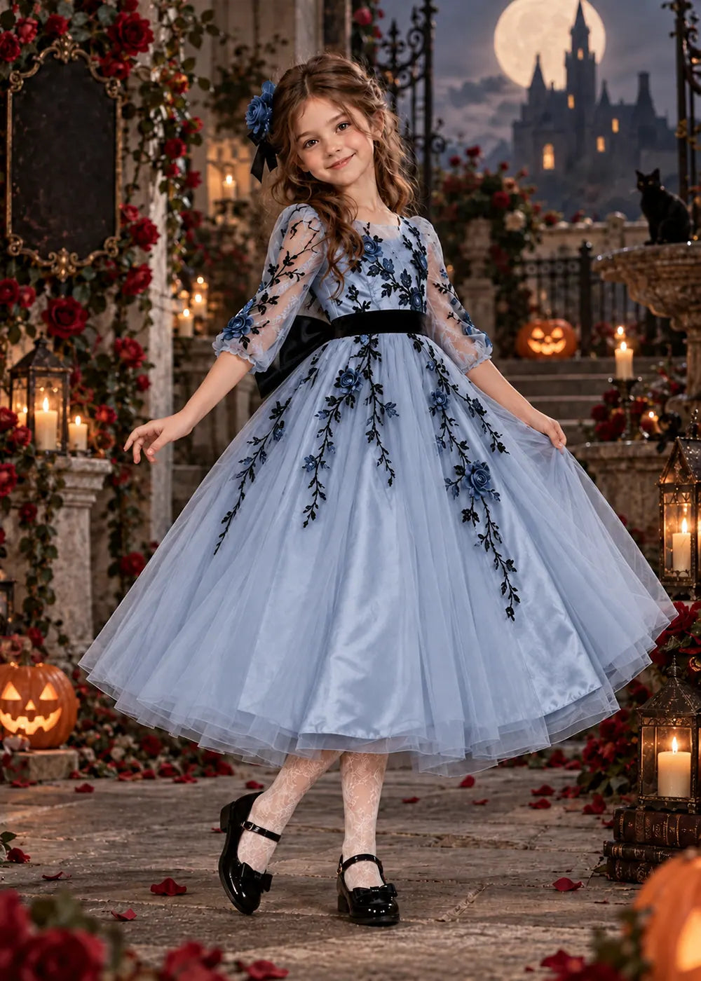 Front view of a light blue floral Flower Girl Dress with Sheer Sleeves.