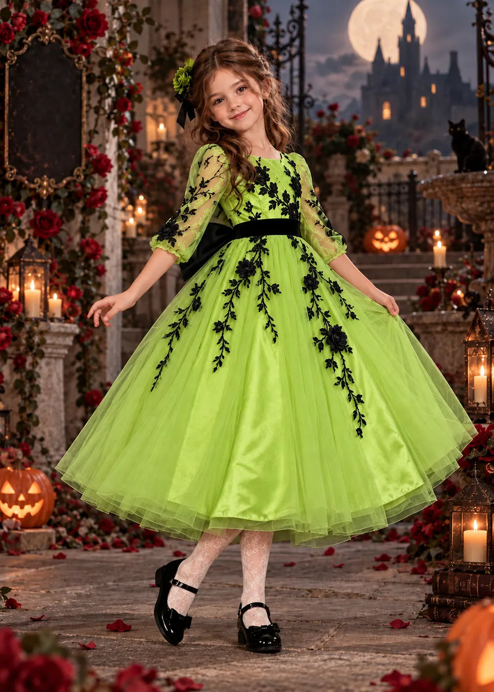 Front view of a light green floral Flower Girl Dress with Sheer Sleeves.