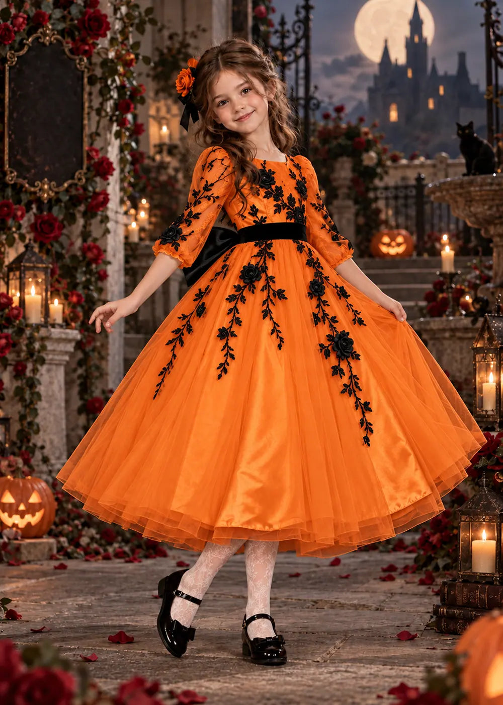 Front view of a pumpkin orange floral Flower Girl Dress with Sheer Sleeves.