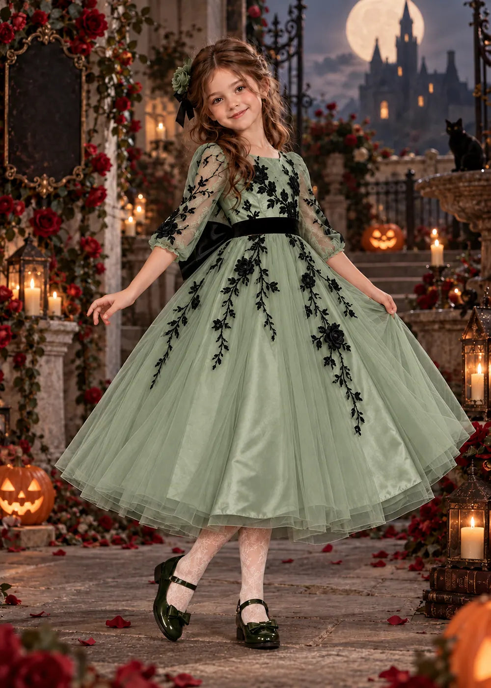 Front view of a sage green floral Flower Girl Dress with Sheer Sleeves.