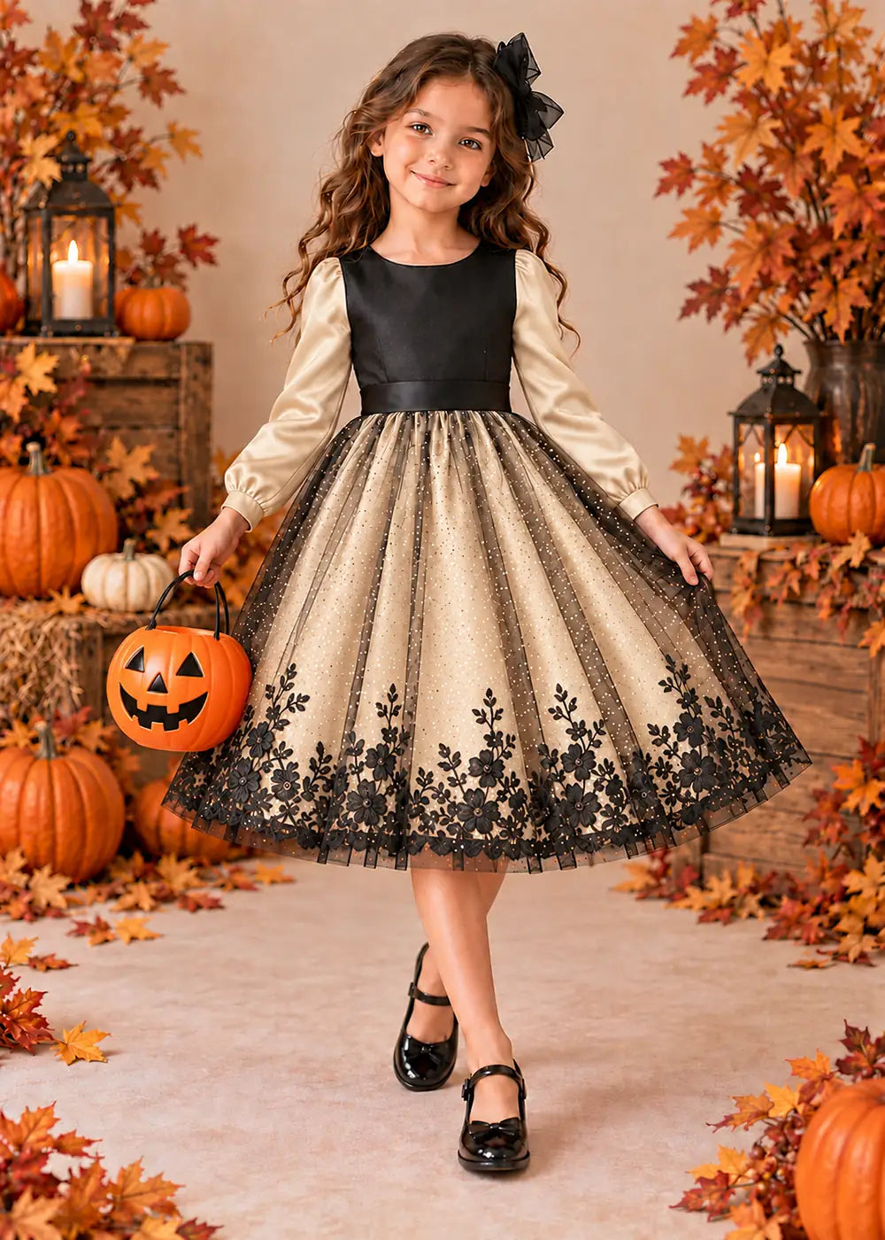 Front view of a champagne puff-Sleeve Flower Girl Dress with Floral Hem.