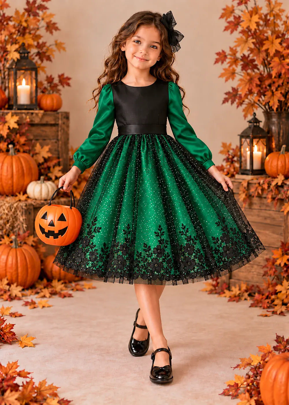 Front view of a emerald green puff-Sleeve Flower Girl Dress with Floral Hem.