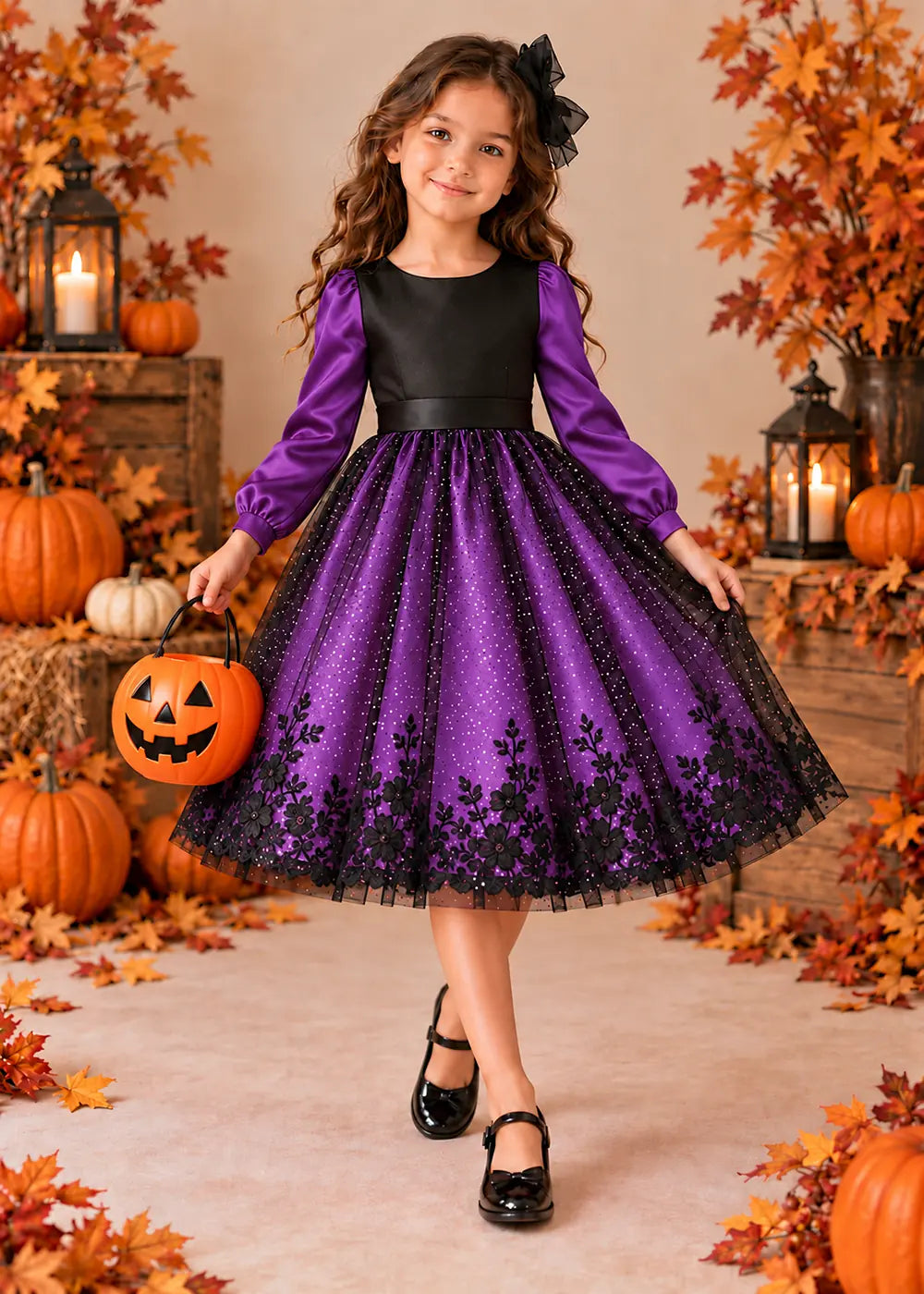 Front view of a purple puff-Sleeve Flower Girl Dress with Floral Hem.