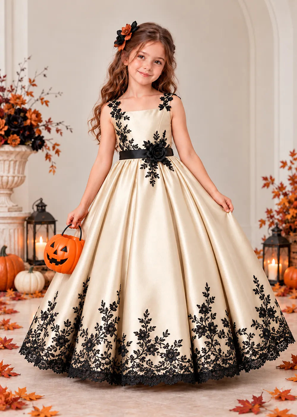 Front view of a champagne flower Girl Dress with Black Floral Straps and Hem.