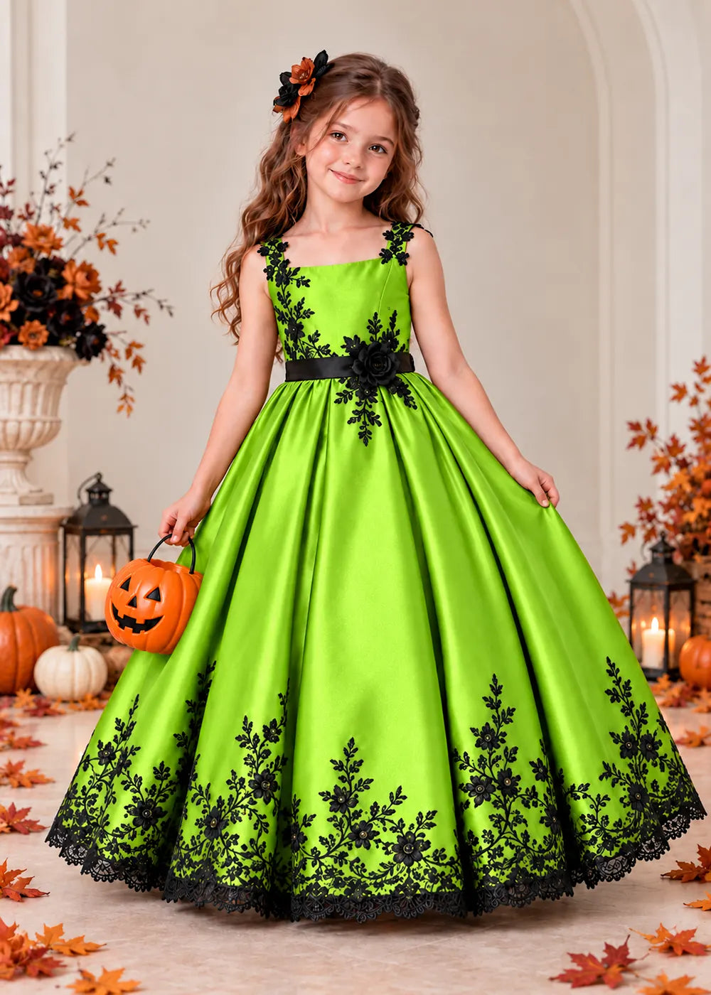 Front view of a light green flower Girl Dress with Black Floral Straps and Hem.
