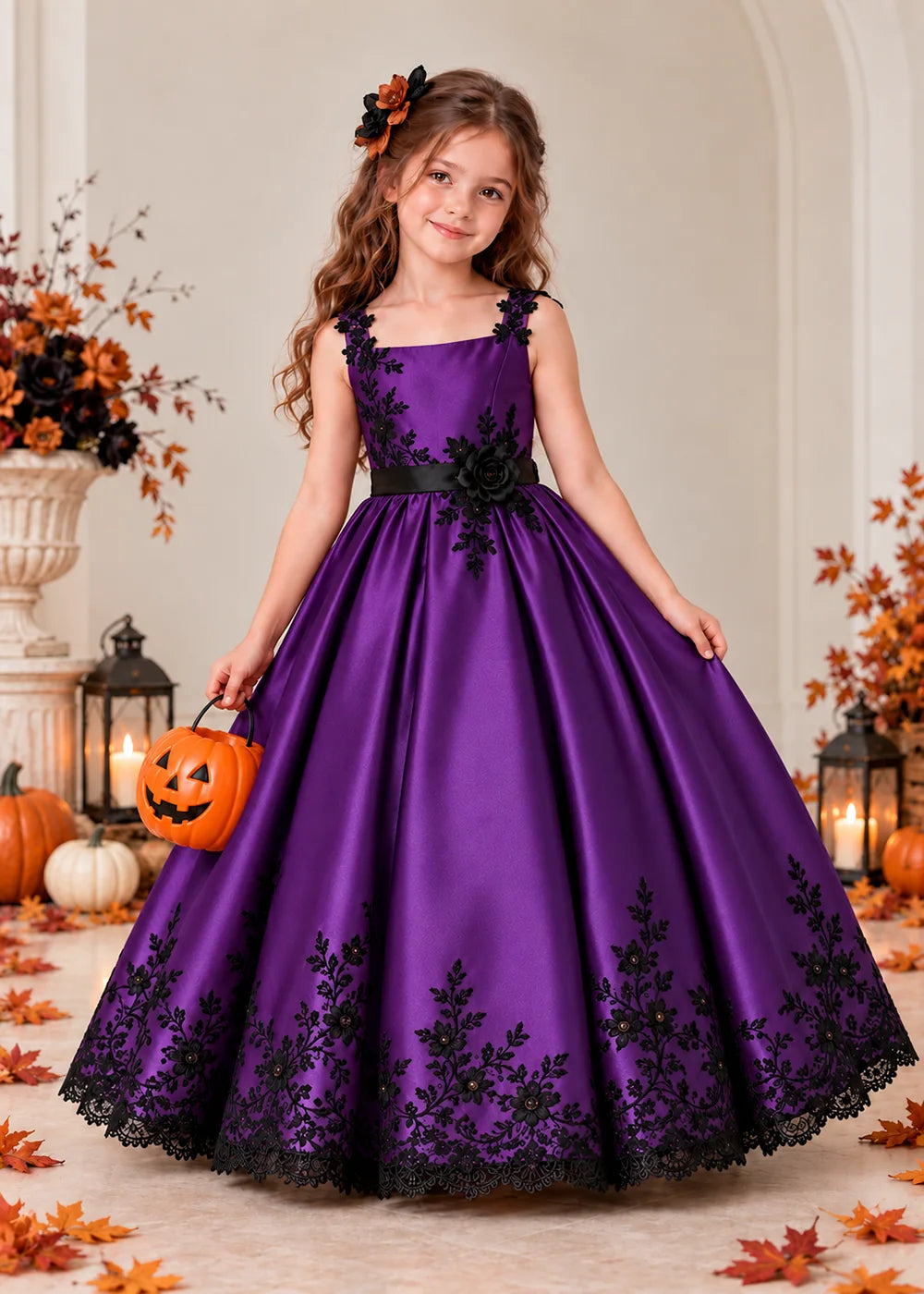 Front view of a purple flower Girl Dress with Black Floral Straps and Hem.
