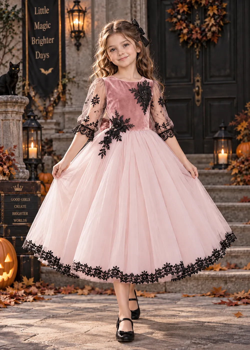 Front view of a blush pink flower Girl Dress with Floral Lace Hem.
